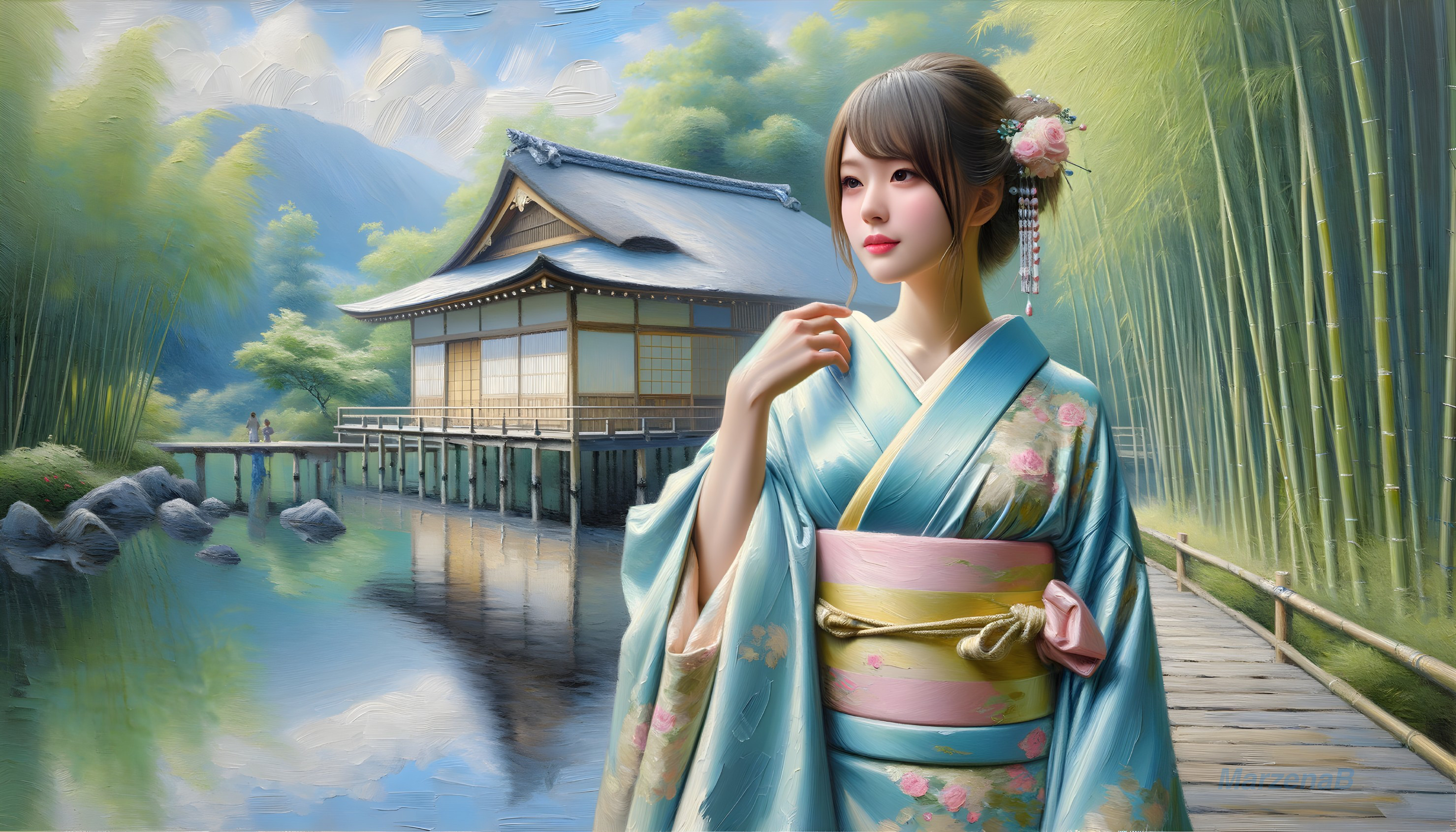 Serene Landscape with Woman in Traditional Kimono
