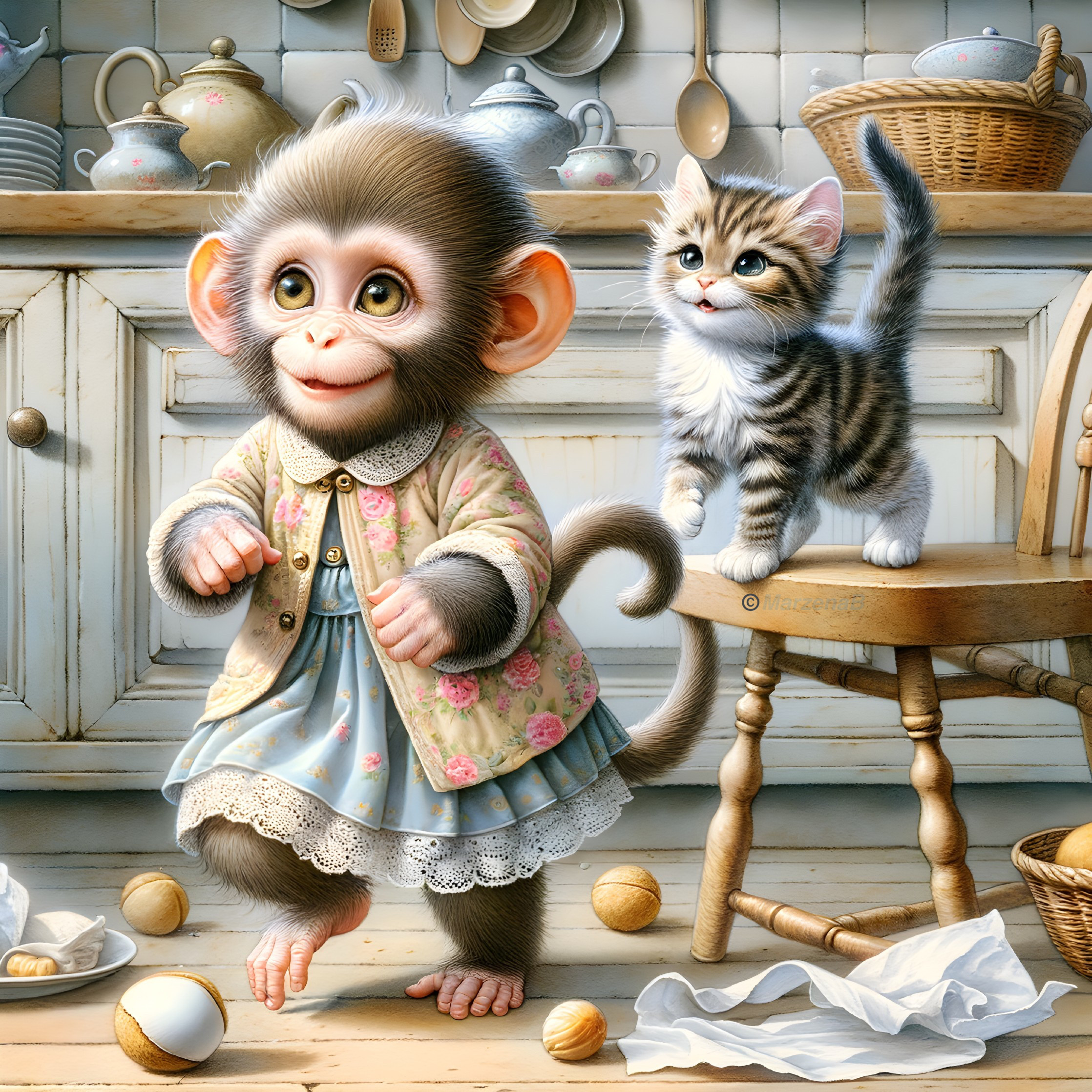 Whimsical kitchen scene with monkey and kitten