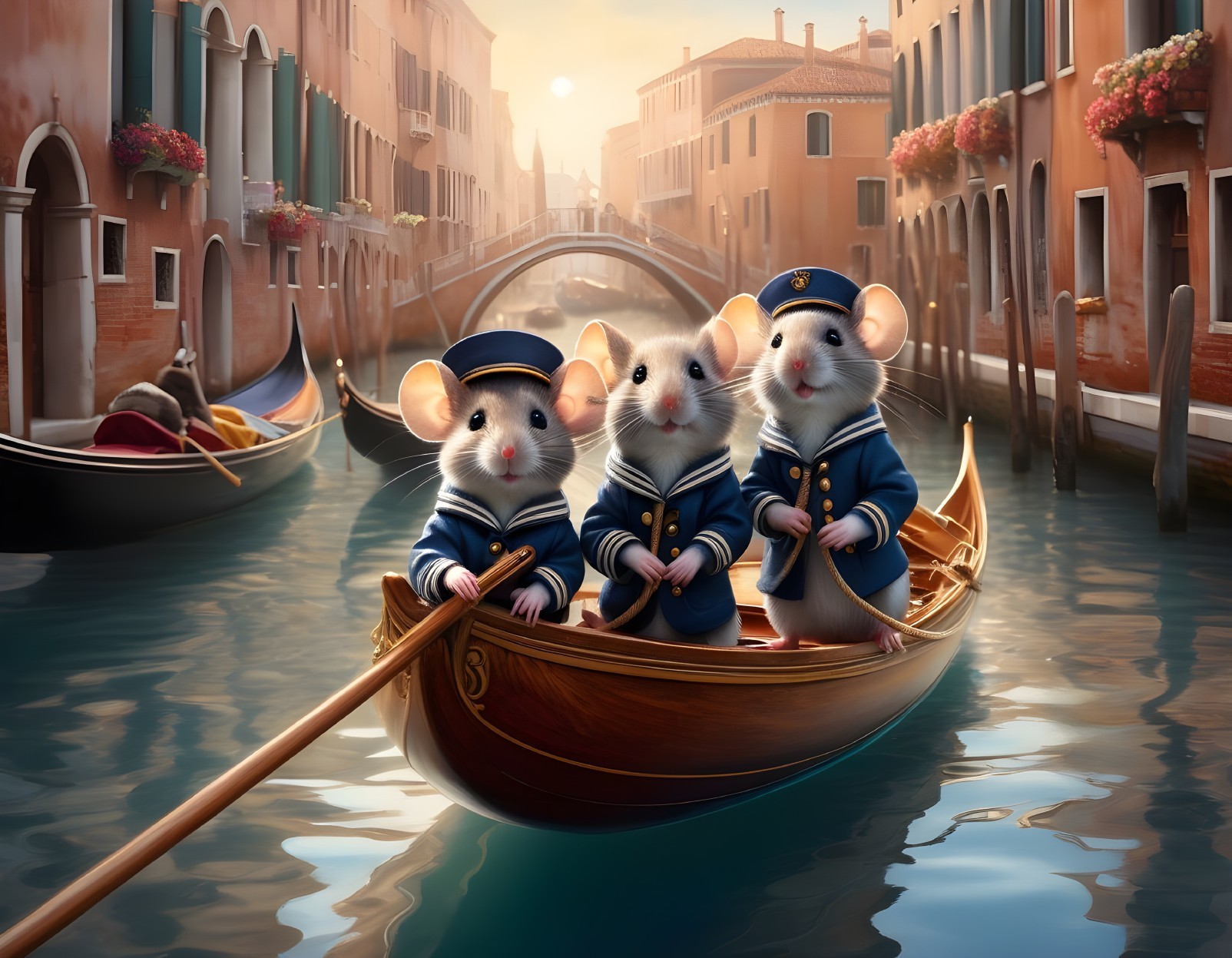 Cartoon mice in sailor outfits row gondola in Venetian canal