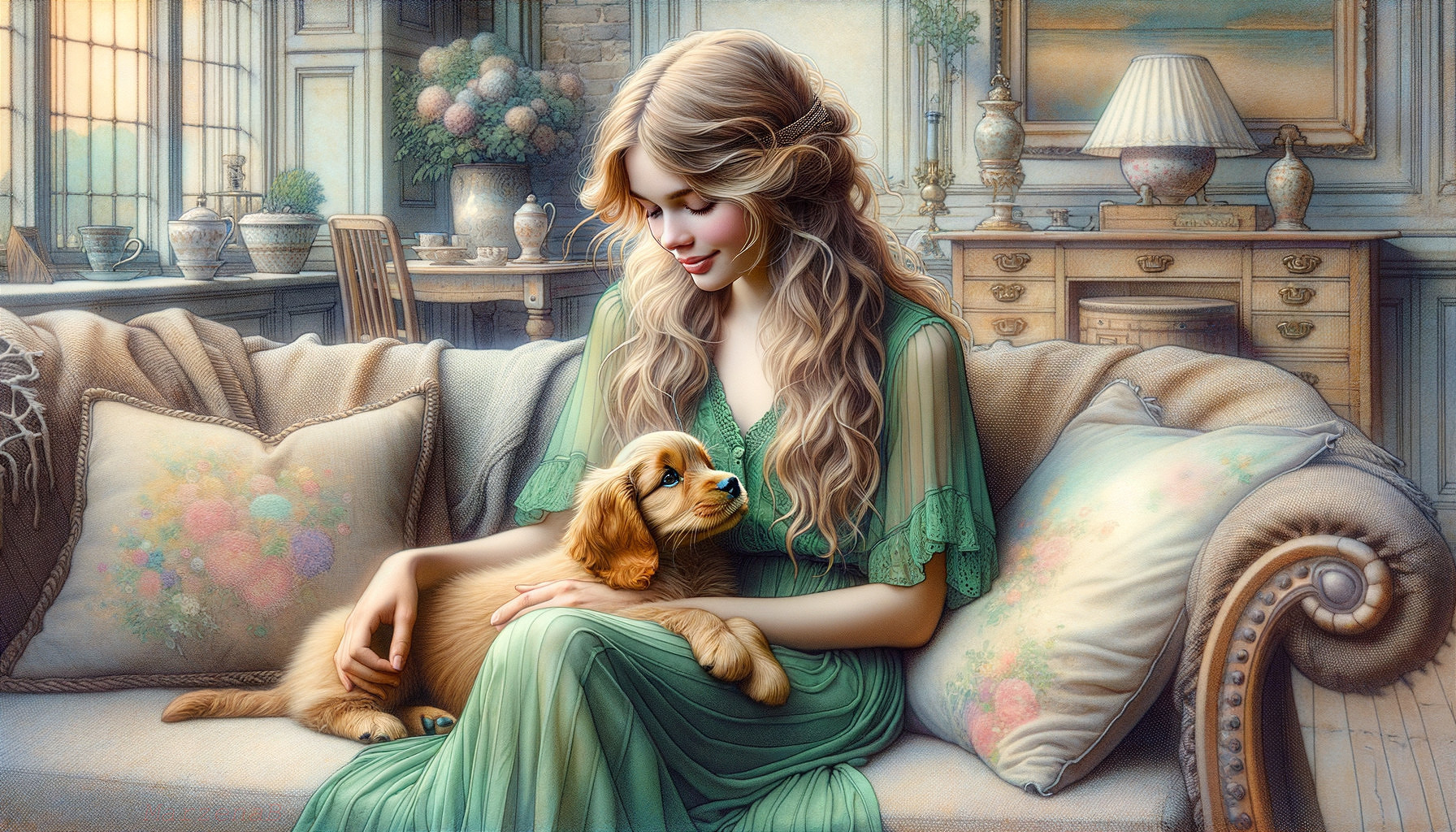 Cozy Scene of Woman with Puppy in Elegant Room