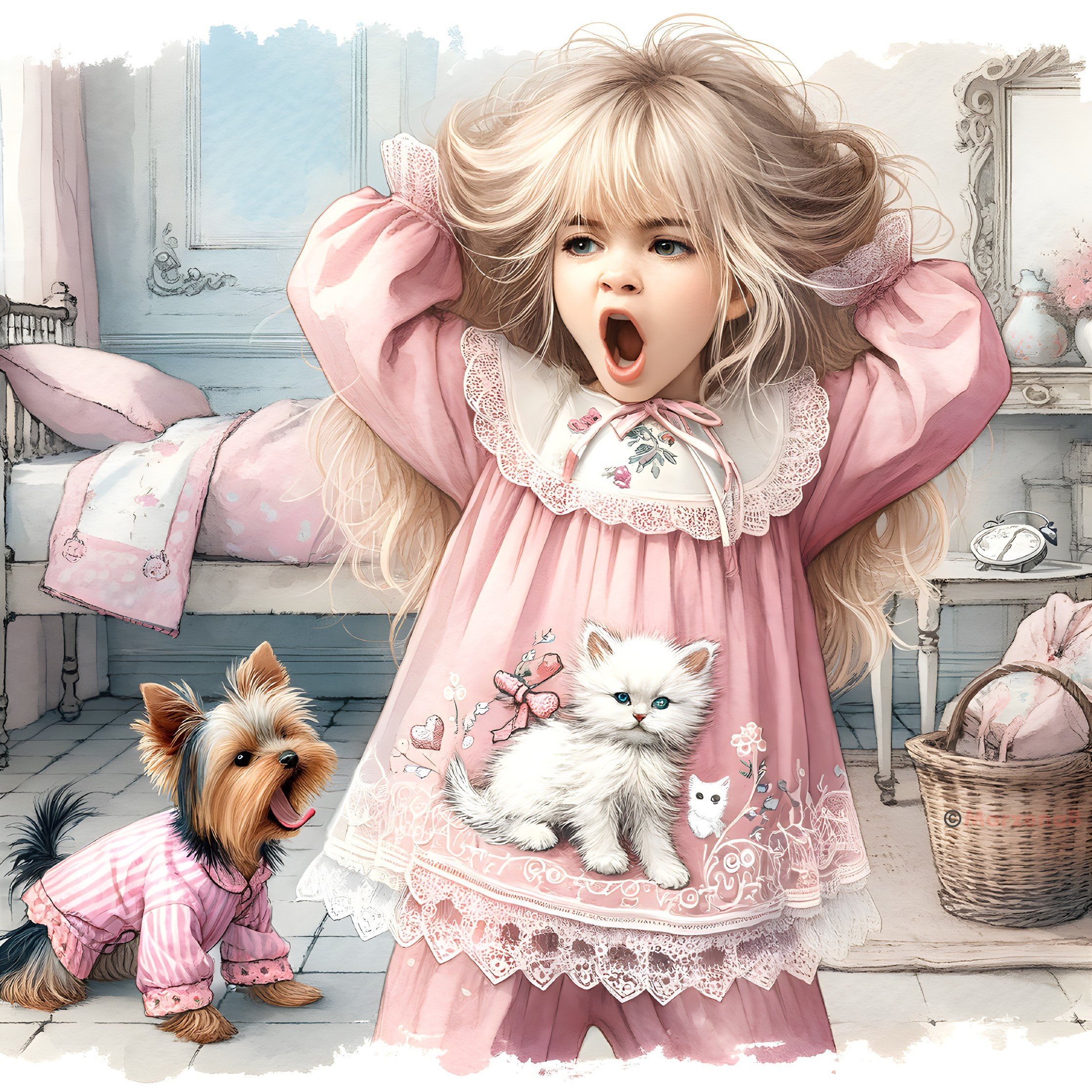 Sleepy Girl in Pink Nightgown with Yorkshire Terrier