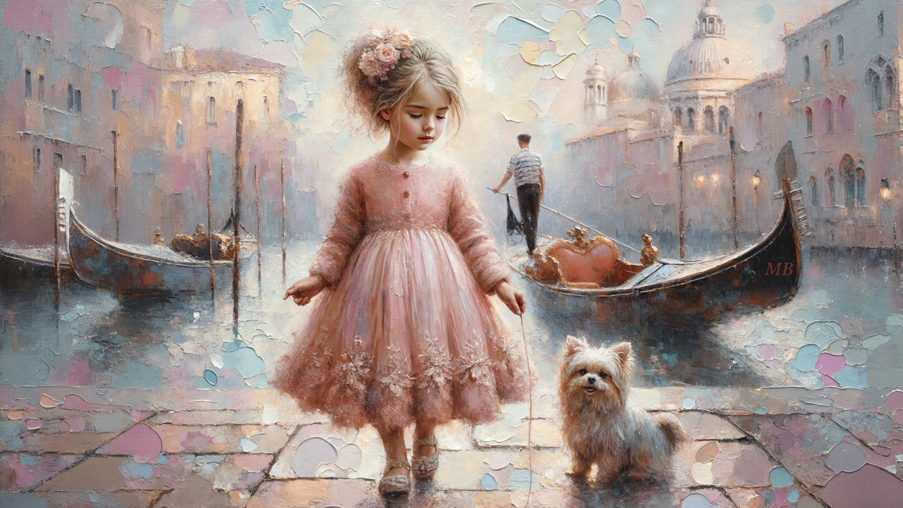 Young girl in pink dress by serene canal scene