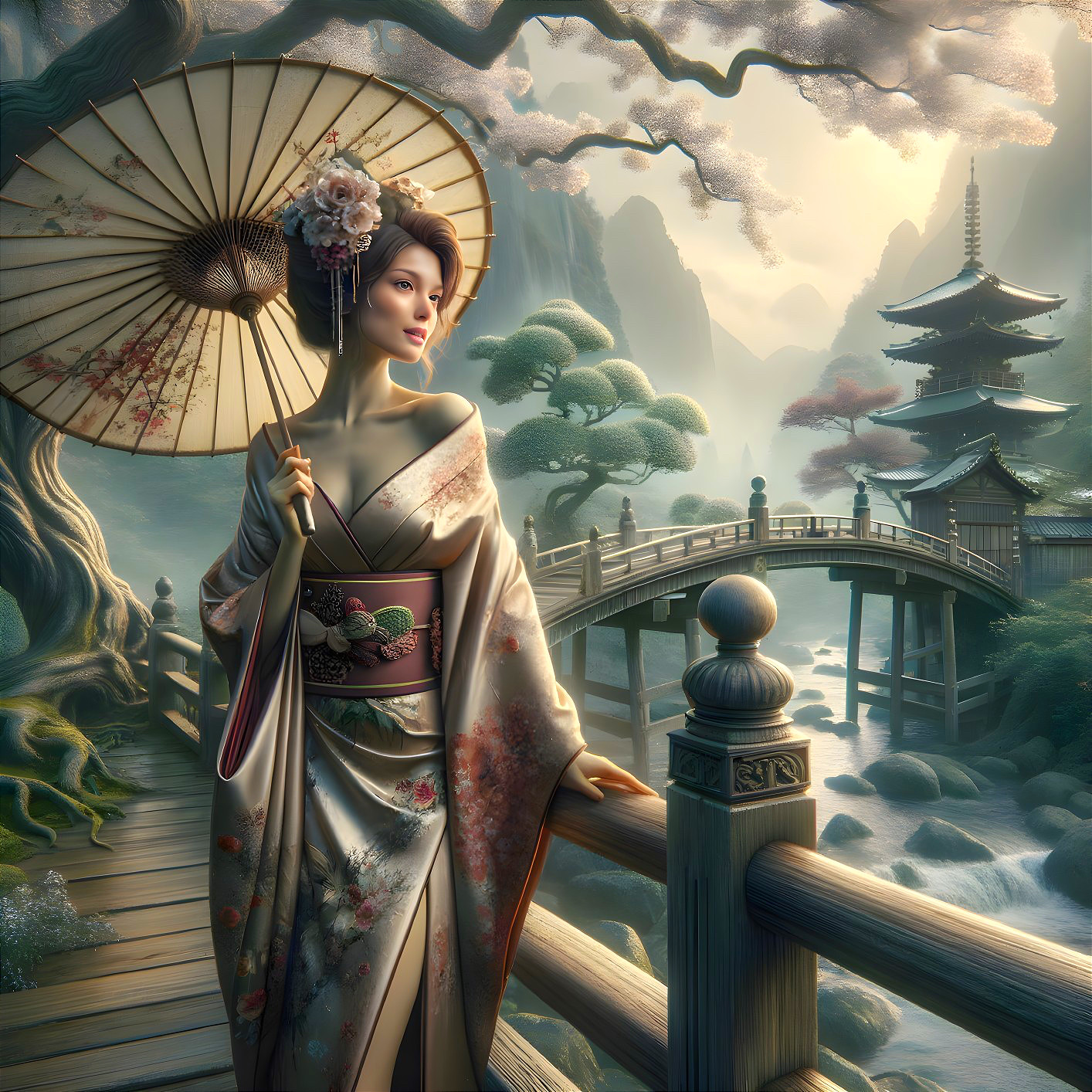 Traditional kimono-clad woman with parasol in serene landscape.