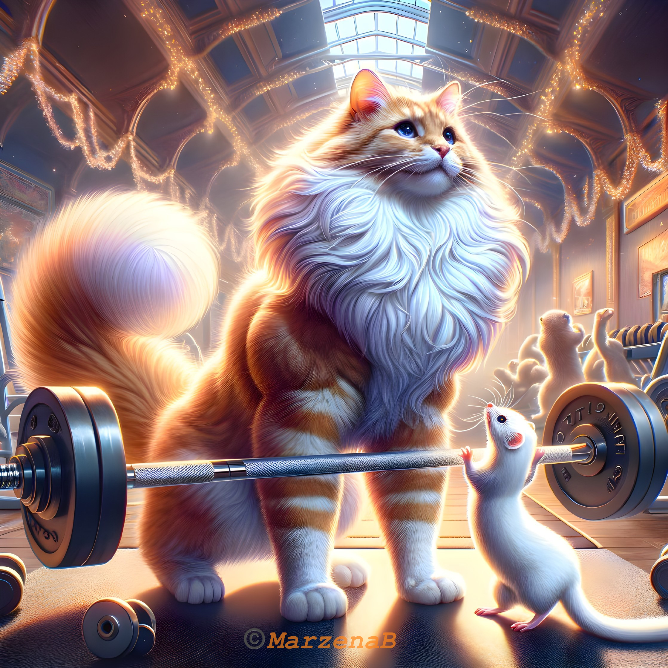 Whimsical Gym Scene with Cat and Mouse Next to Barbell