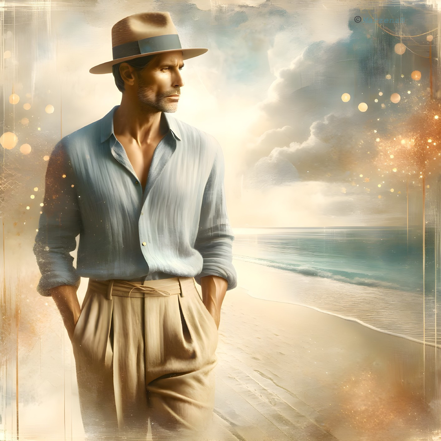 Man in Fedora Contemplating by the Sea with Bokeh Lights
