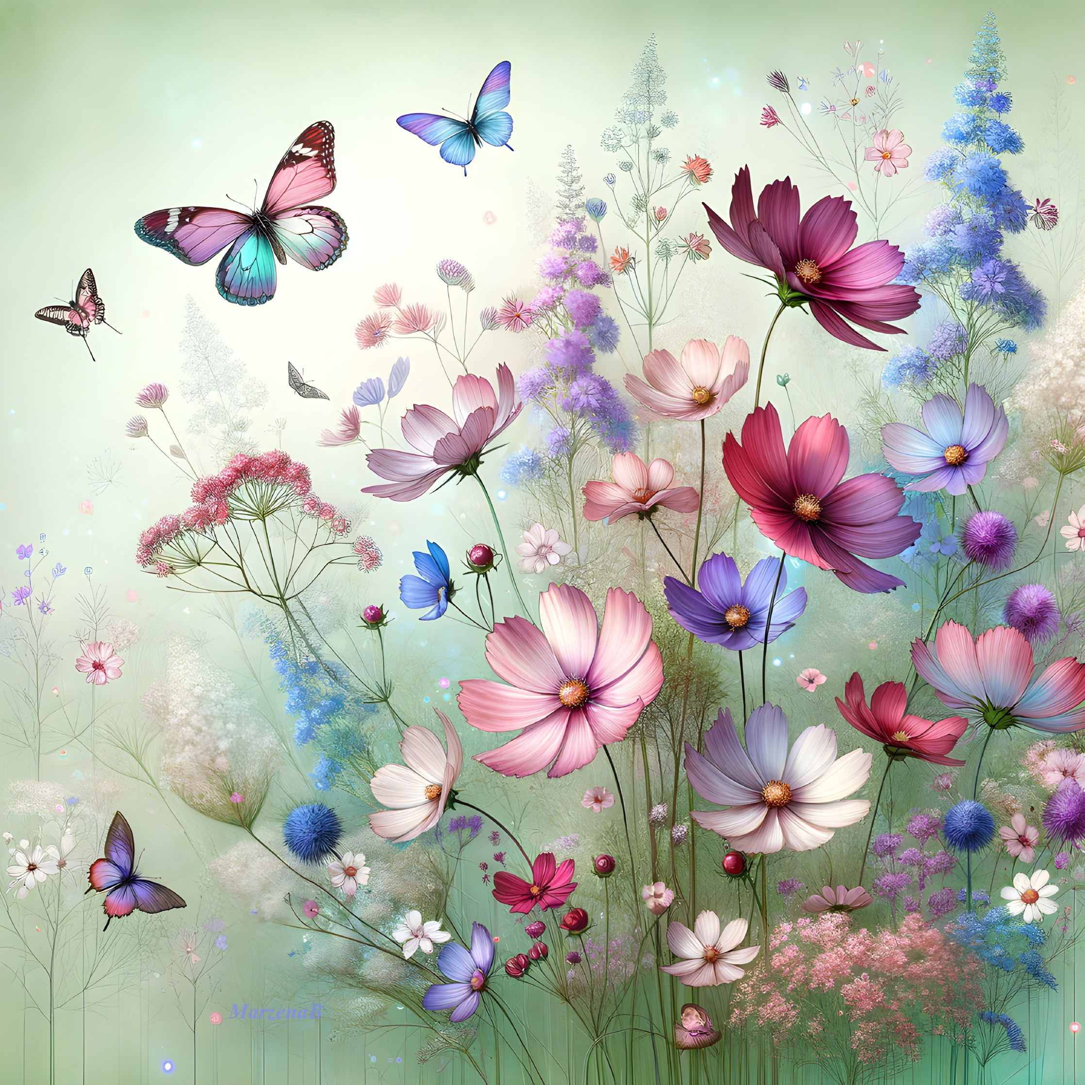 Vibrant Blooming Flowers and Butterflies in a Garden
