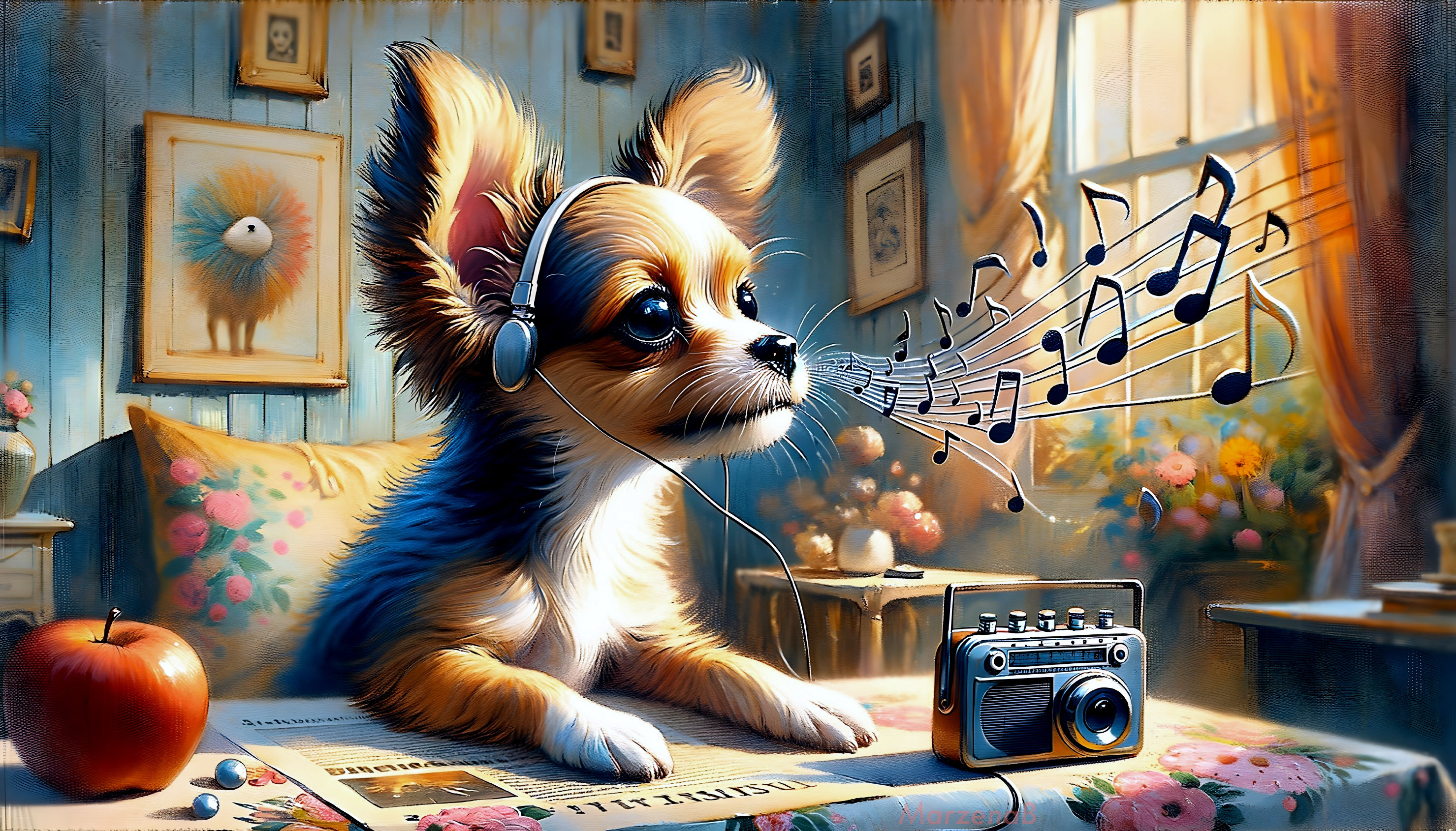 Charming Chihuahua at a Cozy Desk with Music and Flowers
