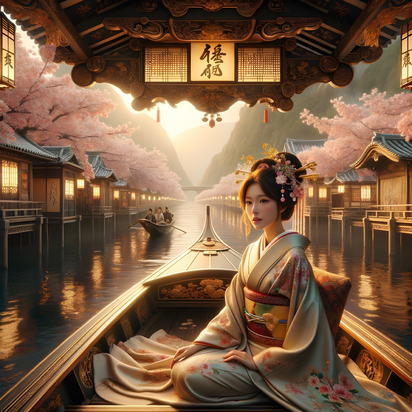 Traditional attire woman on boat in serene cherry blossom waterway