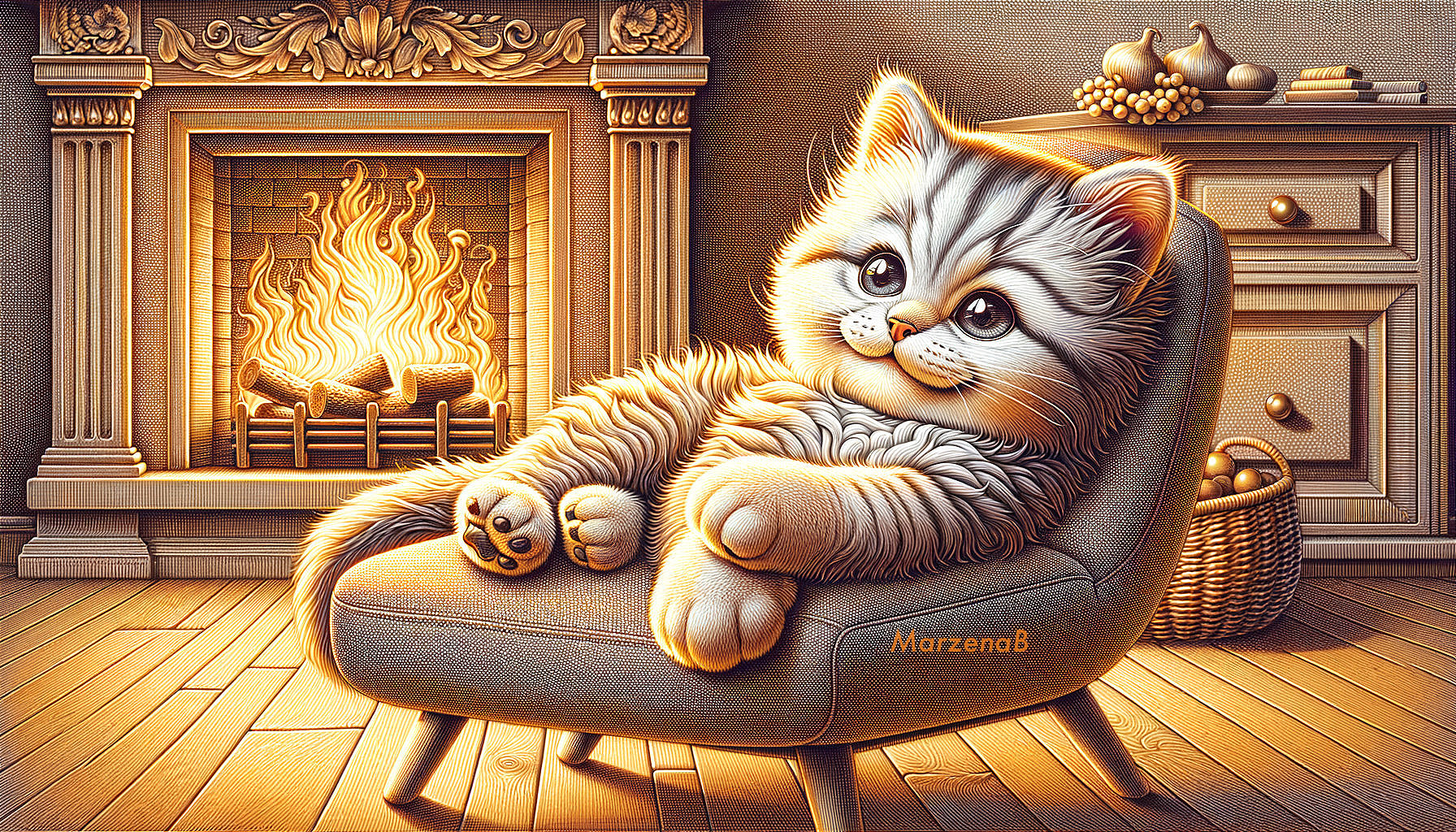 Silver-Striped Cat Relaxing by a Fireplace Scene