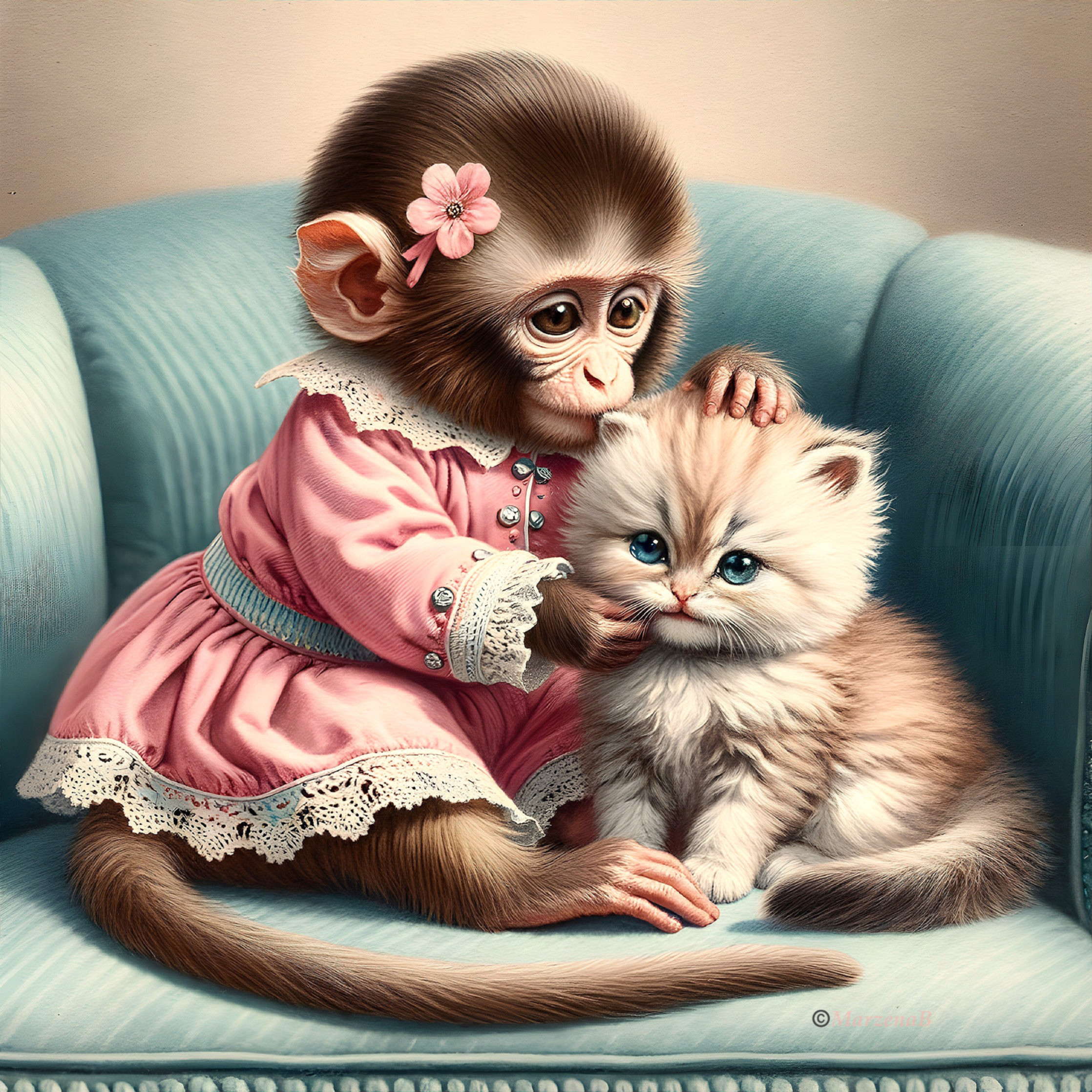 Cute monkey and kitten share a charming moment together