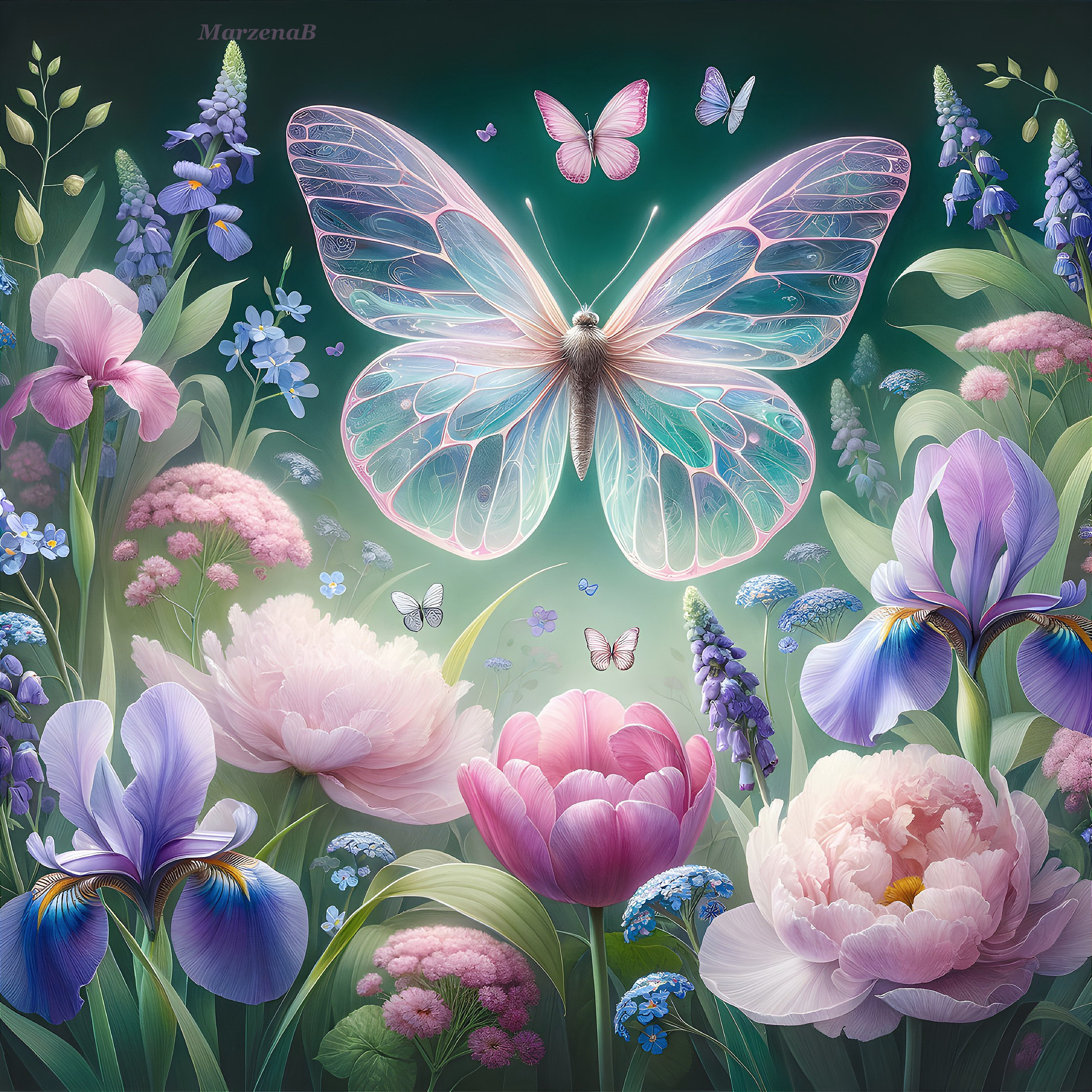 Ethereal Butterfly in a Vibrant Floral Garden Scene