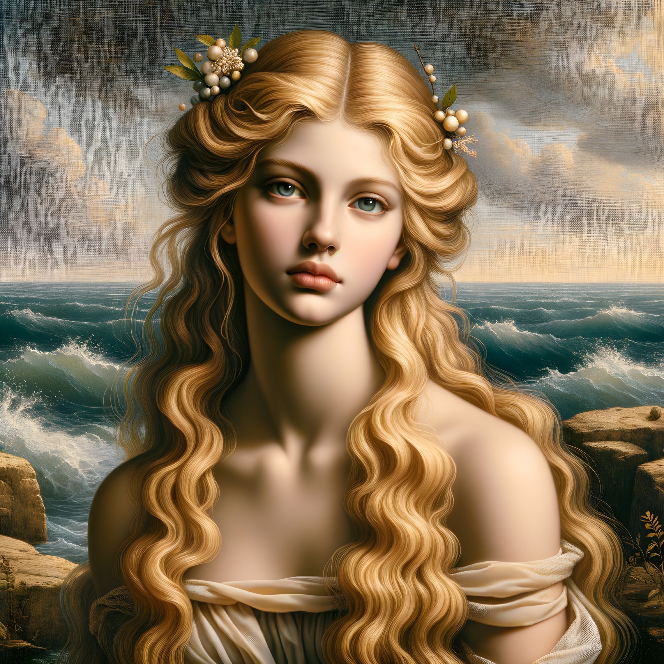 Blond-haired woman with flowers by ocean