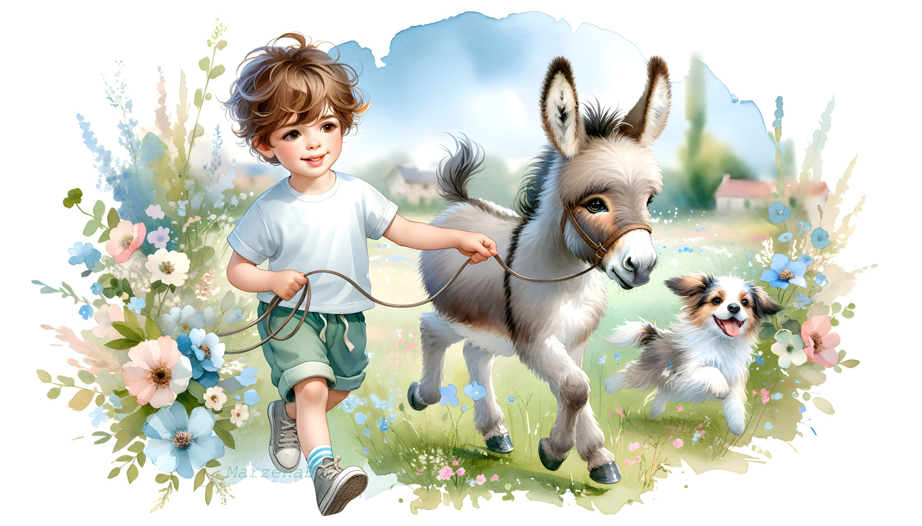 Young Boy Walking Donkey in Floral Landscape