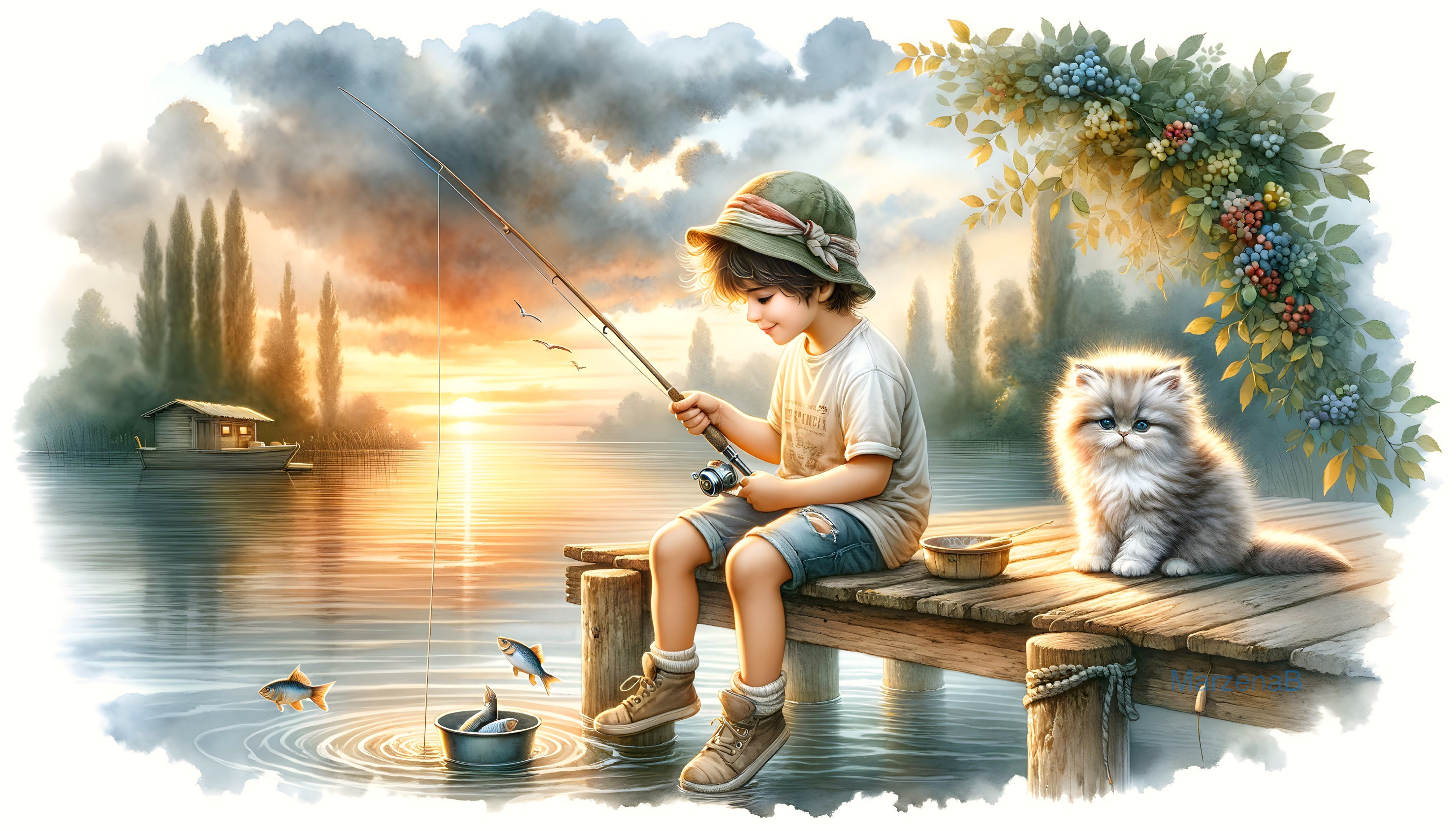 Young Boy Fishing at Sunset by a Tranquil Lake