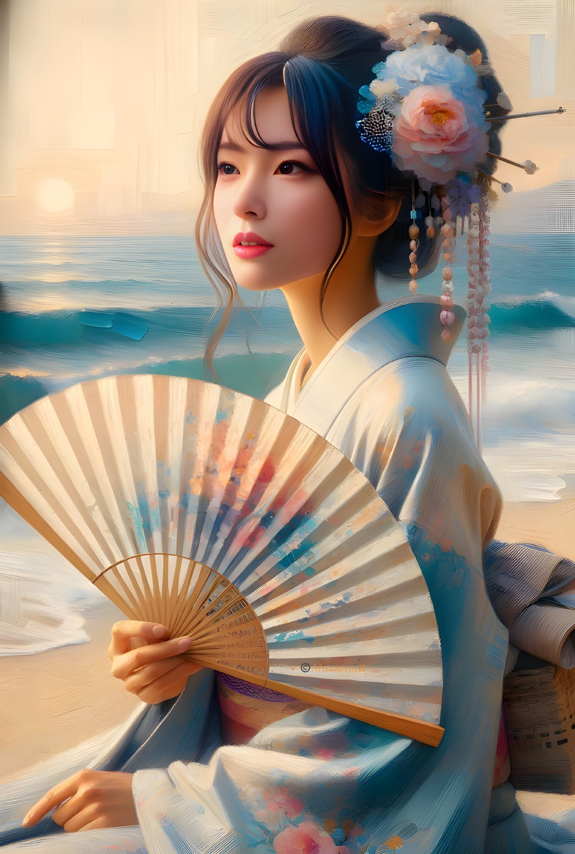 Serene Woman in Kimono by the Beach at Sunset
