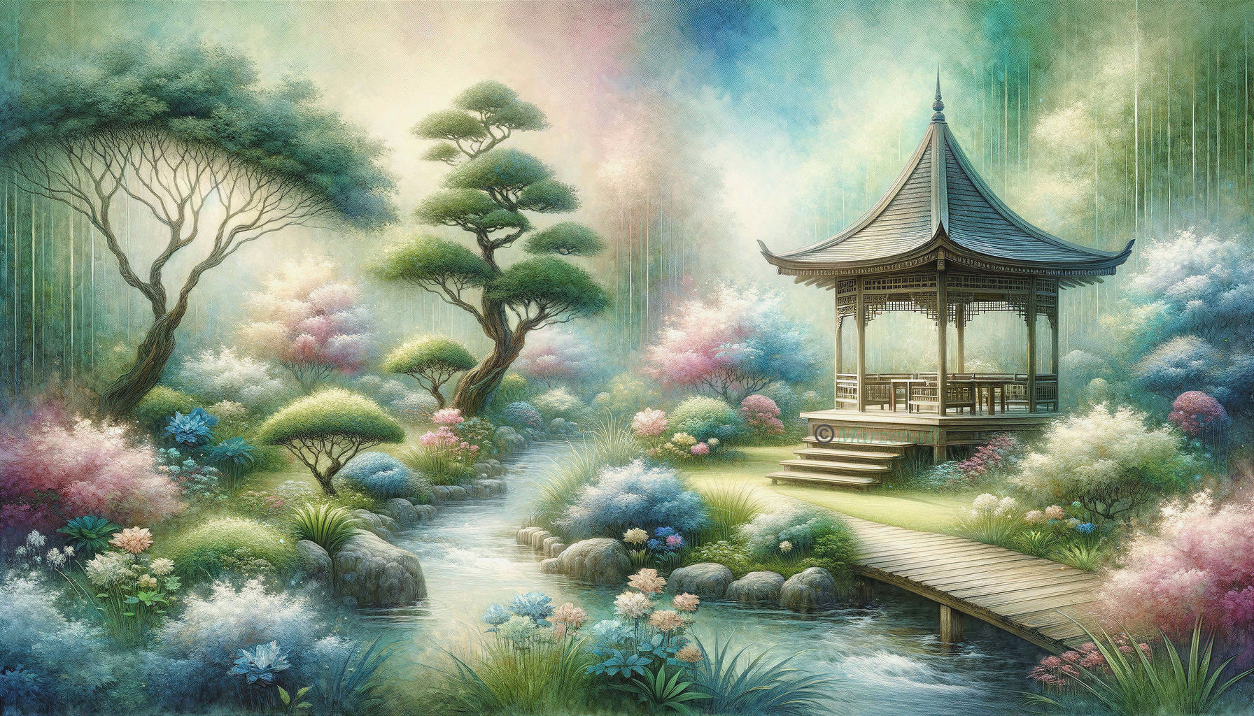 Serene Pavilion in a Lush Green Landscape