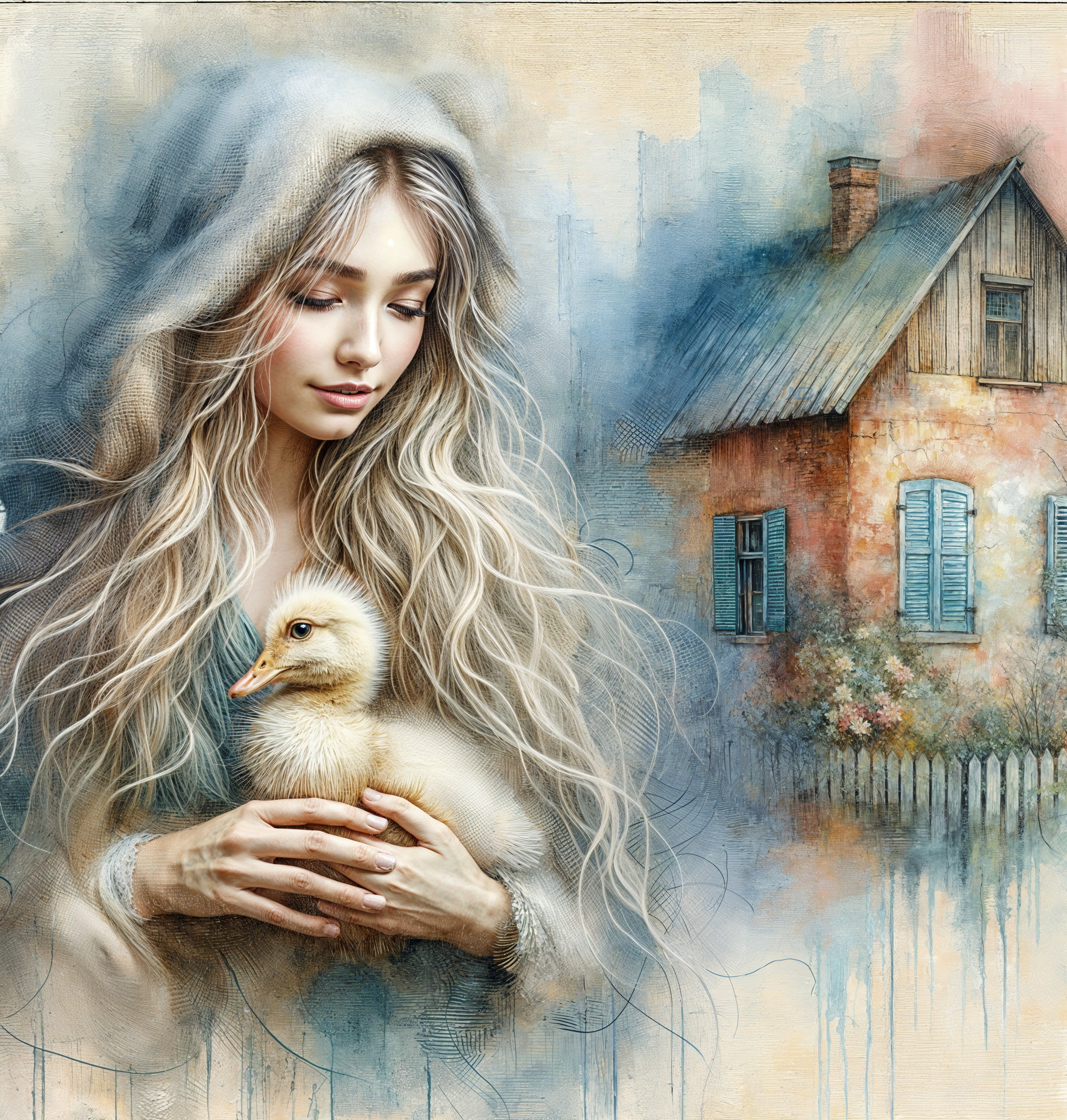 Serene woman cradling a duckling near a cottage