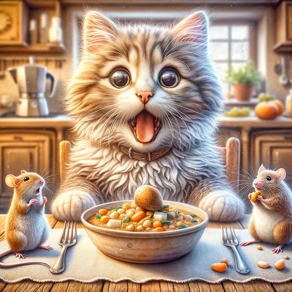 Cozy kitchen scene with cat and mice sharing stew