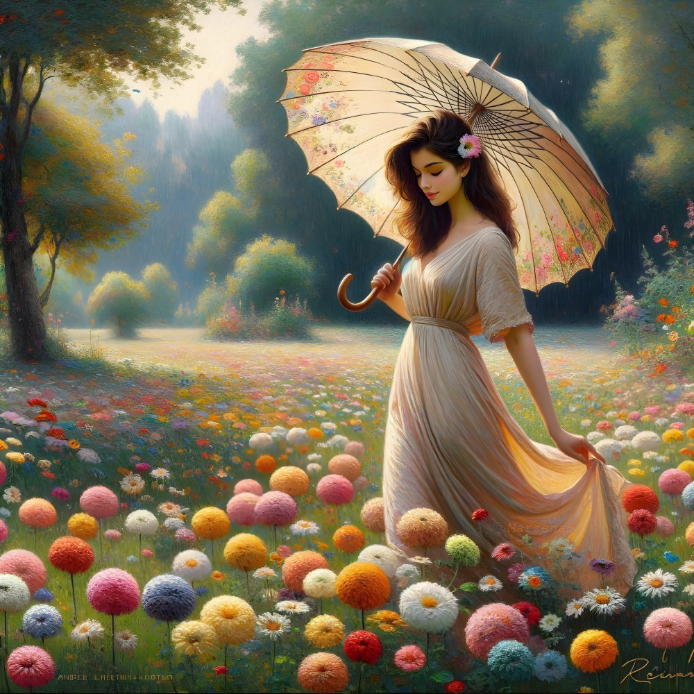 Smiling woman in vintage dress with patterned umbrella in vibrant flower field