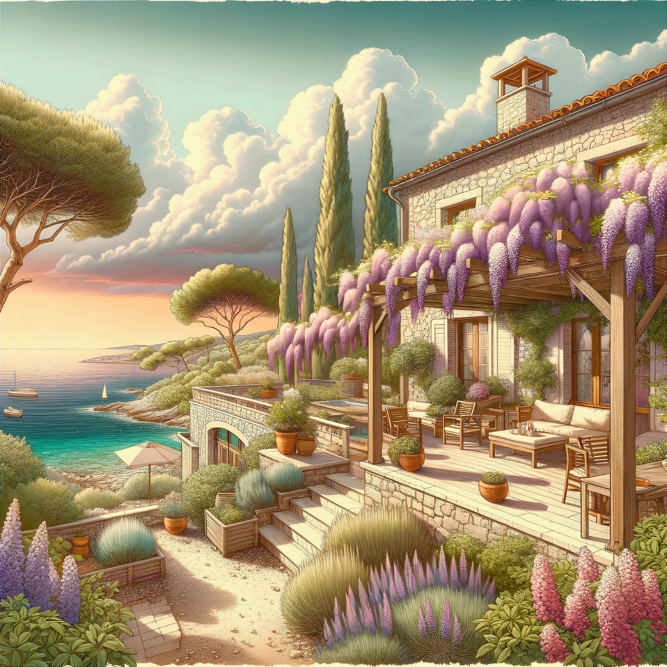 Coastal Villa with Wisteria and Scenic Sunset Views
