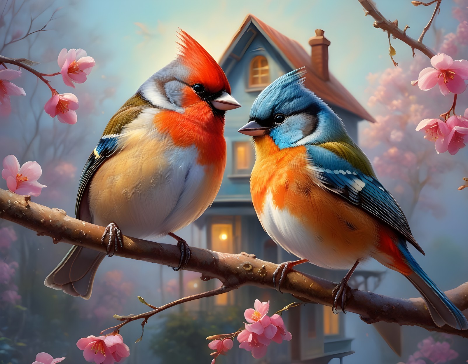 Colorful Birds on Branch with Pink Blossoms in Front of Lit-up Cottage House at Dusk