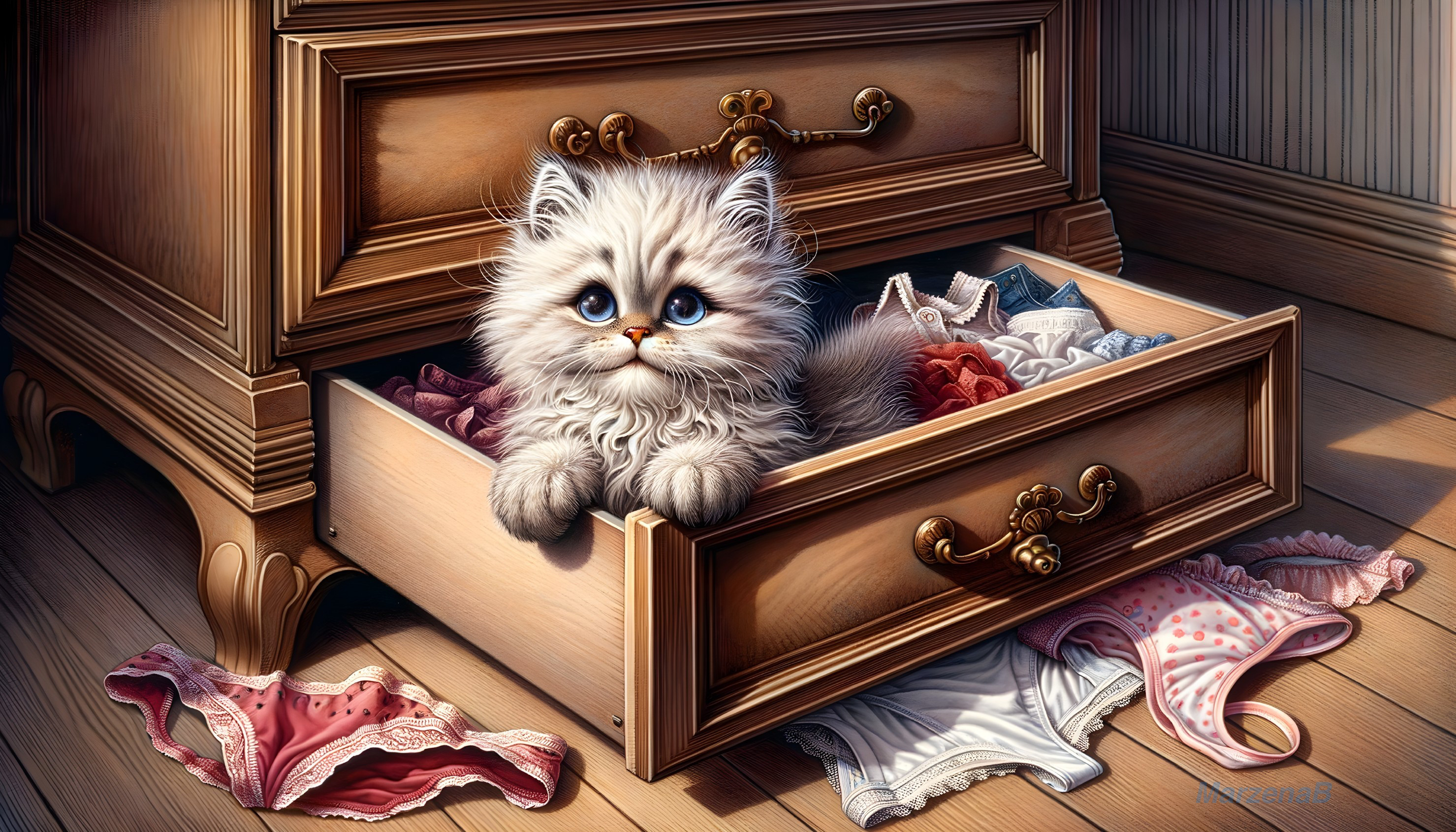 Fluffy Kitten in a Colorful Clothing Drawer Setting