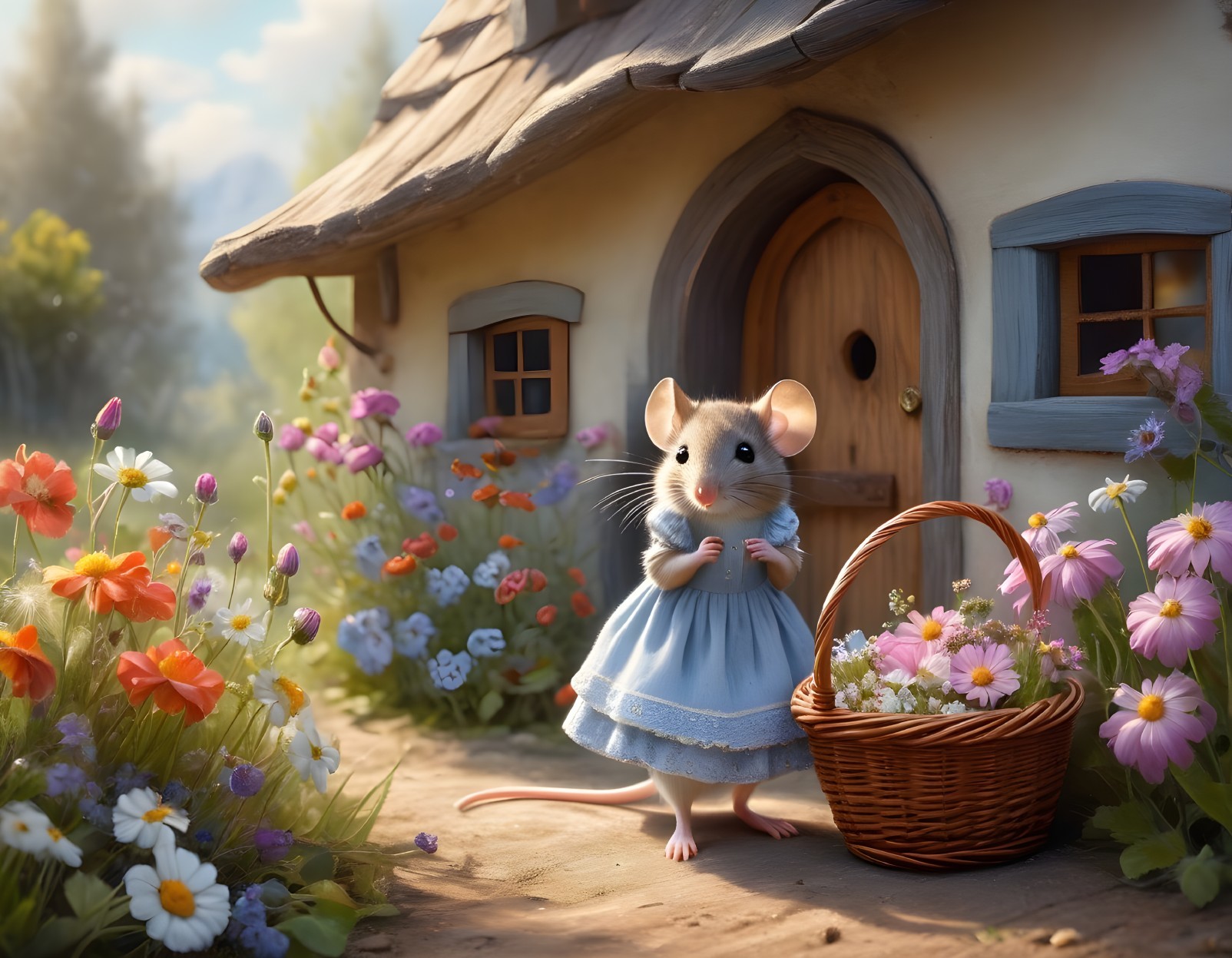 Anthropomorphic mouse in blue dress by flower-filled basket at sunny cottage