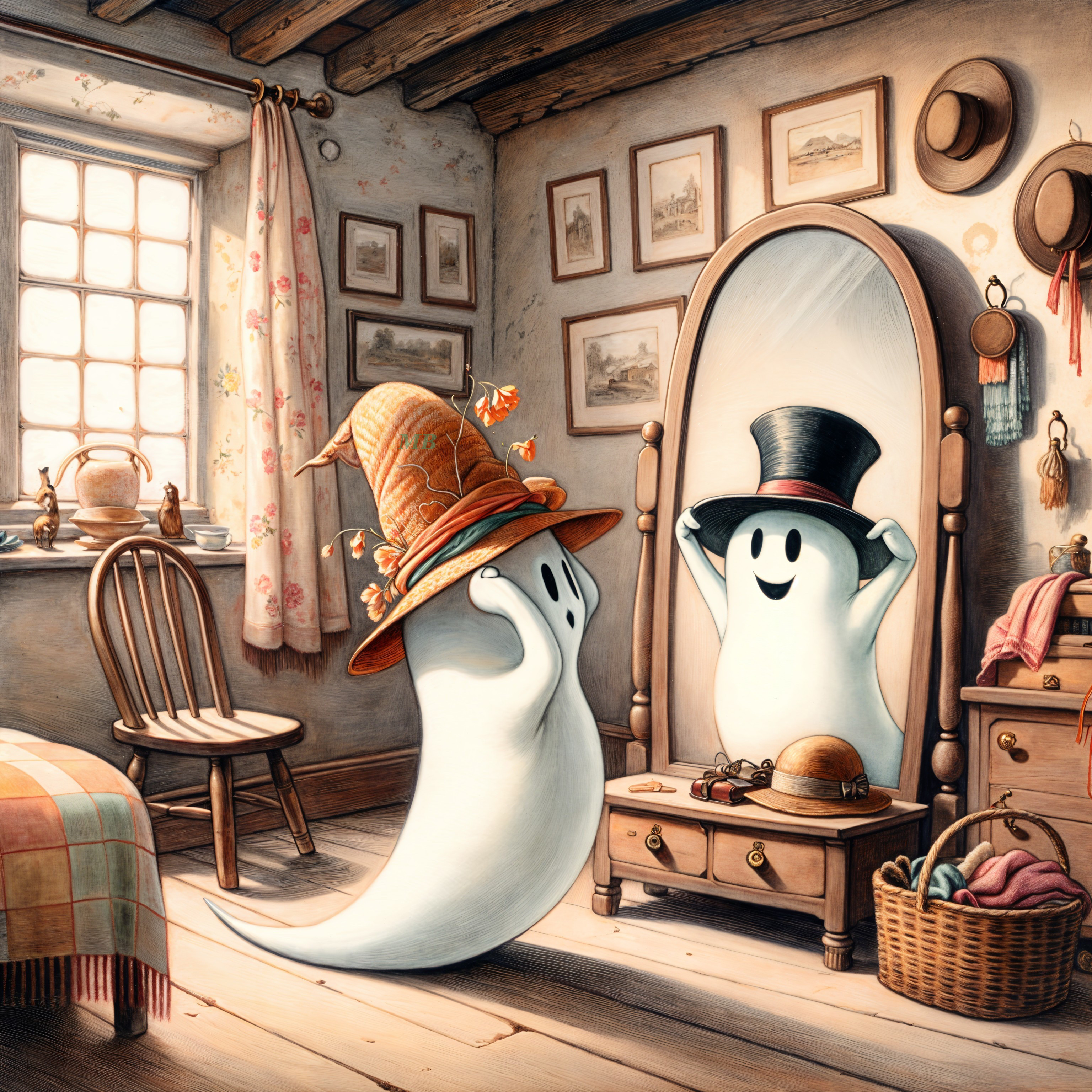 Cozy Vintage Room with Friendly Ghost and Colorful Hat