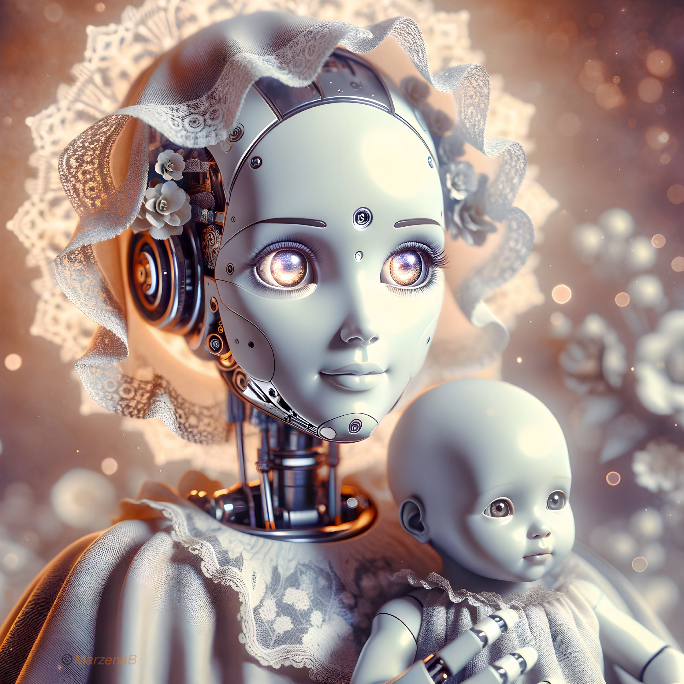 Futuristic Robot with Lifelike Doll in Dreamlike Setting