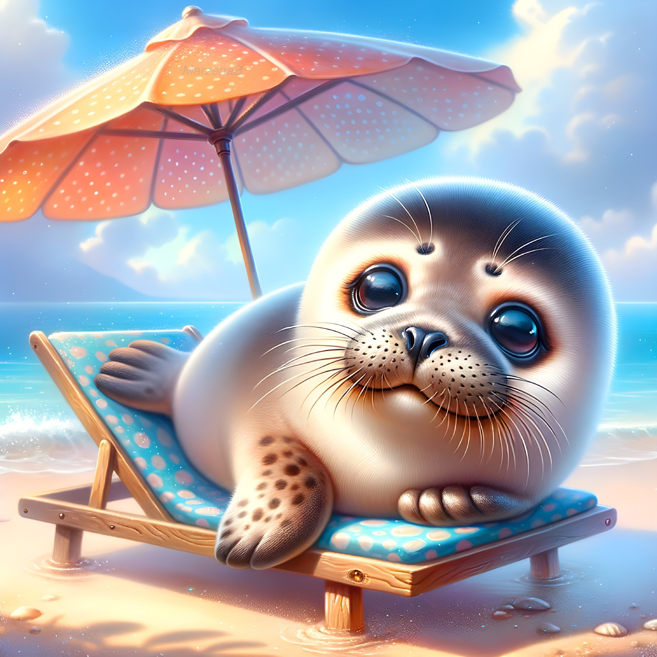 Cartoon Seal Relaxing on Beach Under Umbrella
