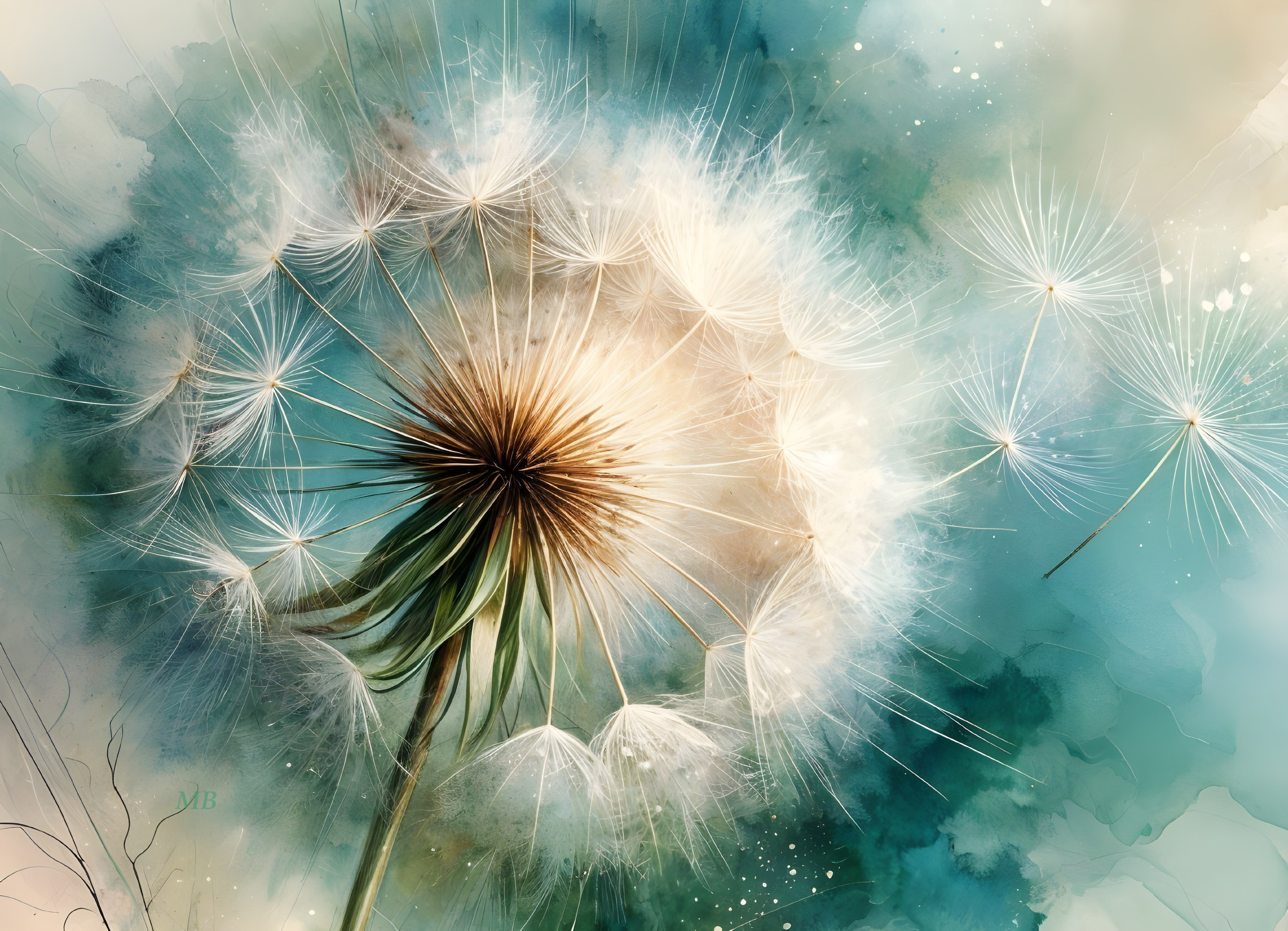 Close-up of a dandelion puff on a teal background