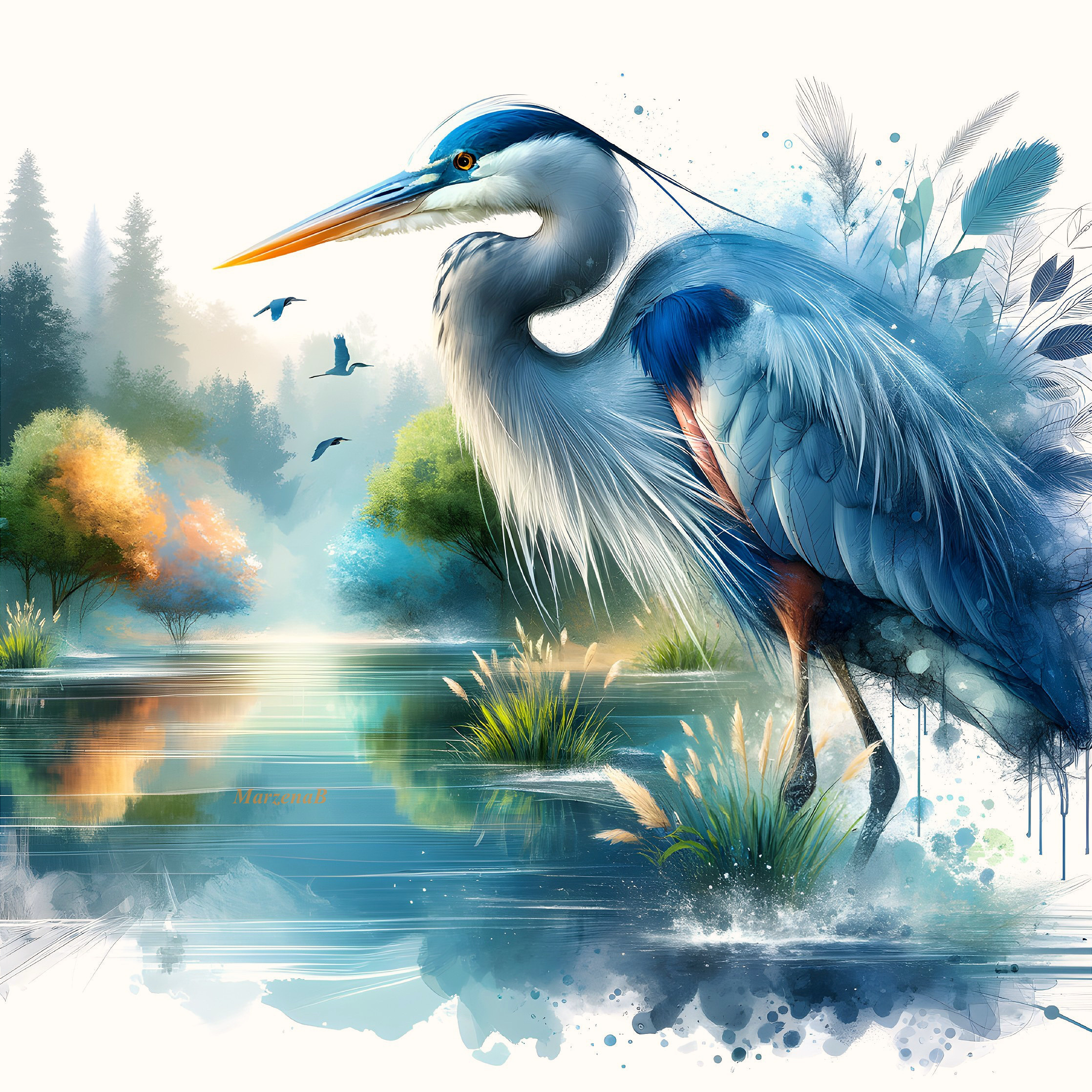 Heron by Serene Wetland with Lush Greenery