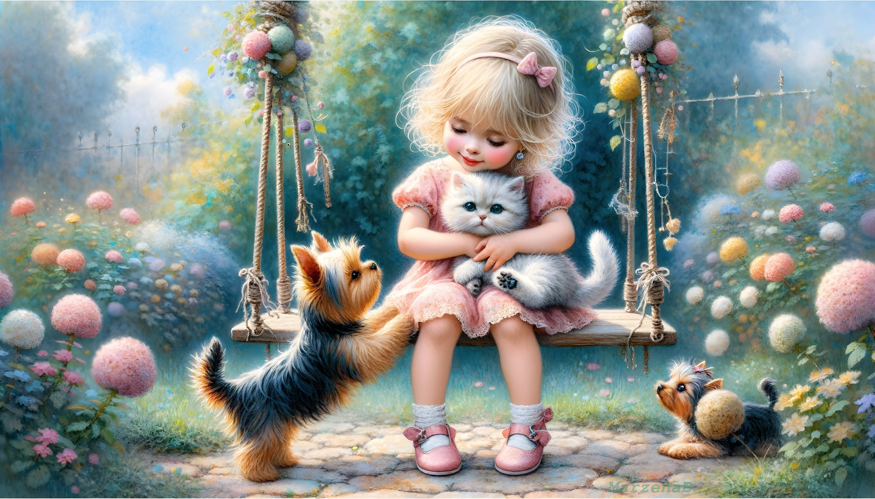 Young girl on swing in vibrant garden with pets