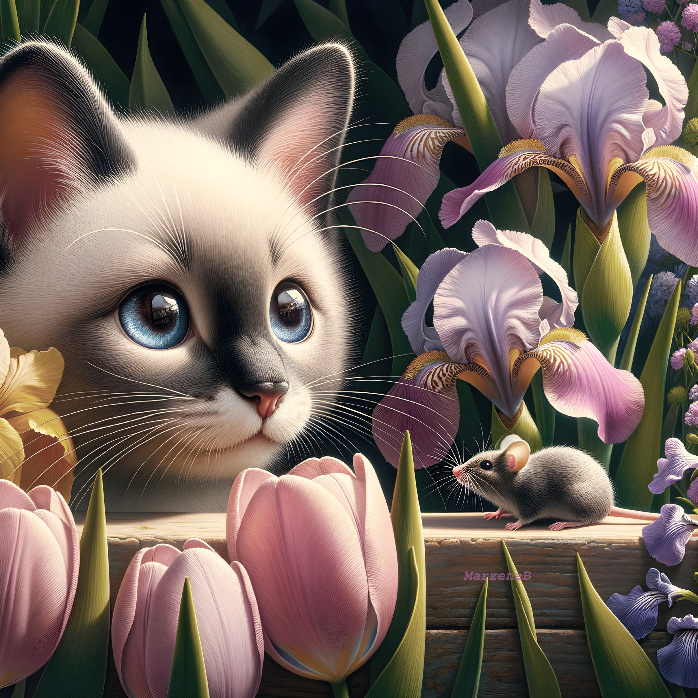 Fluffy Kitten and Gray Mouse in Colorful Garden