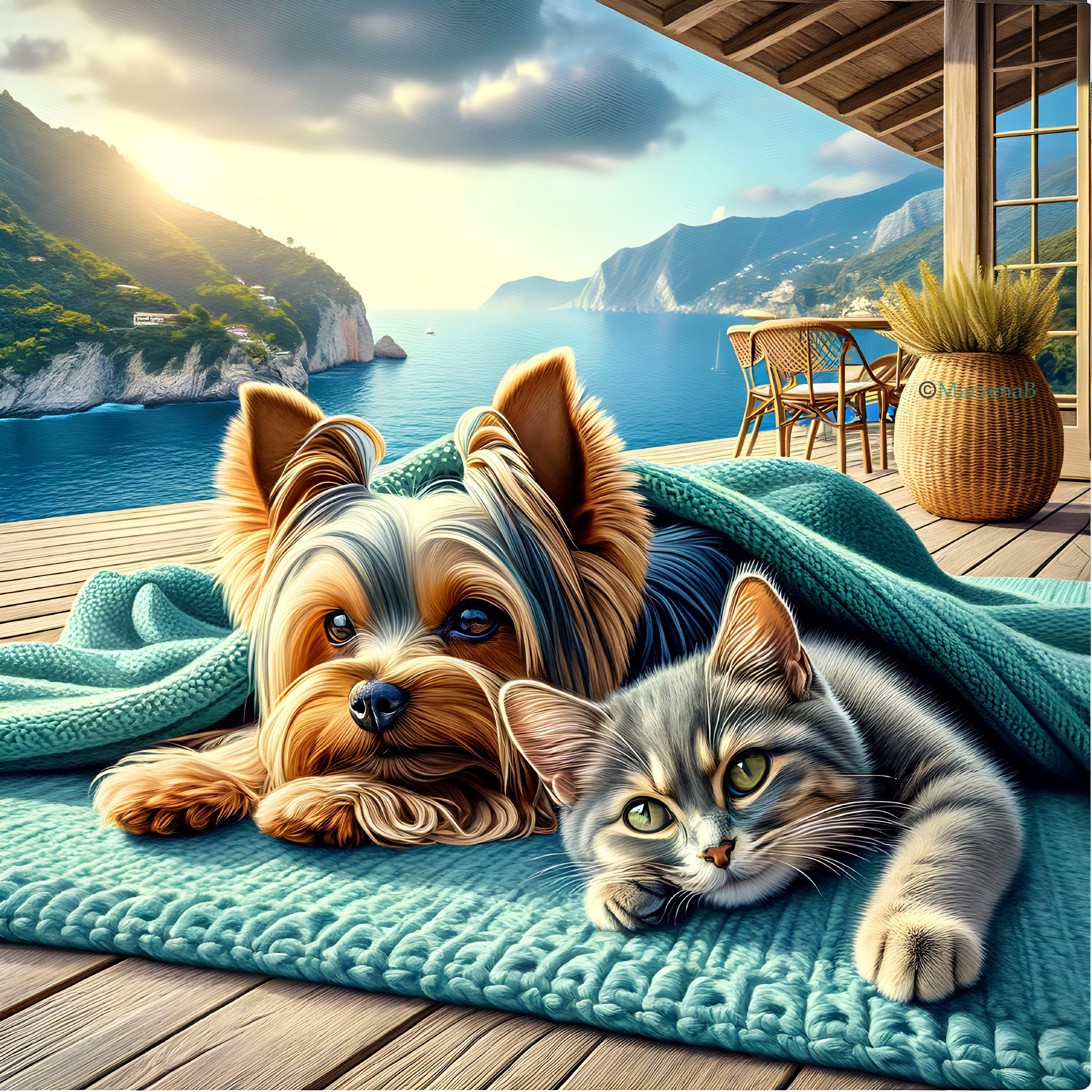 Cozy Deck Scene with Pets and Coastal View