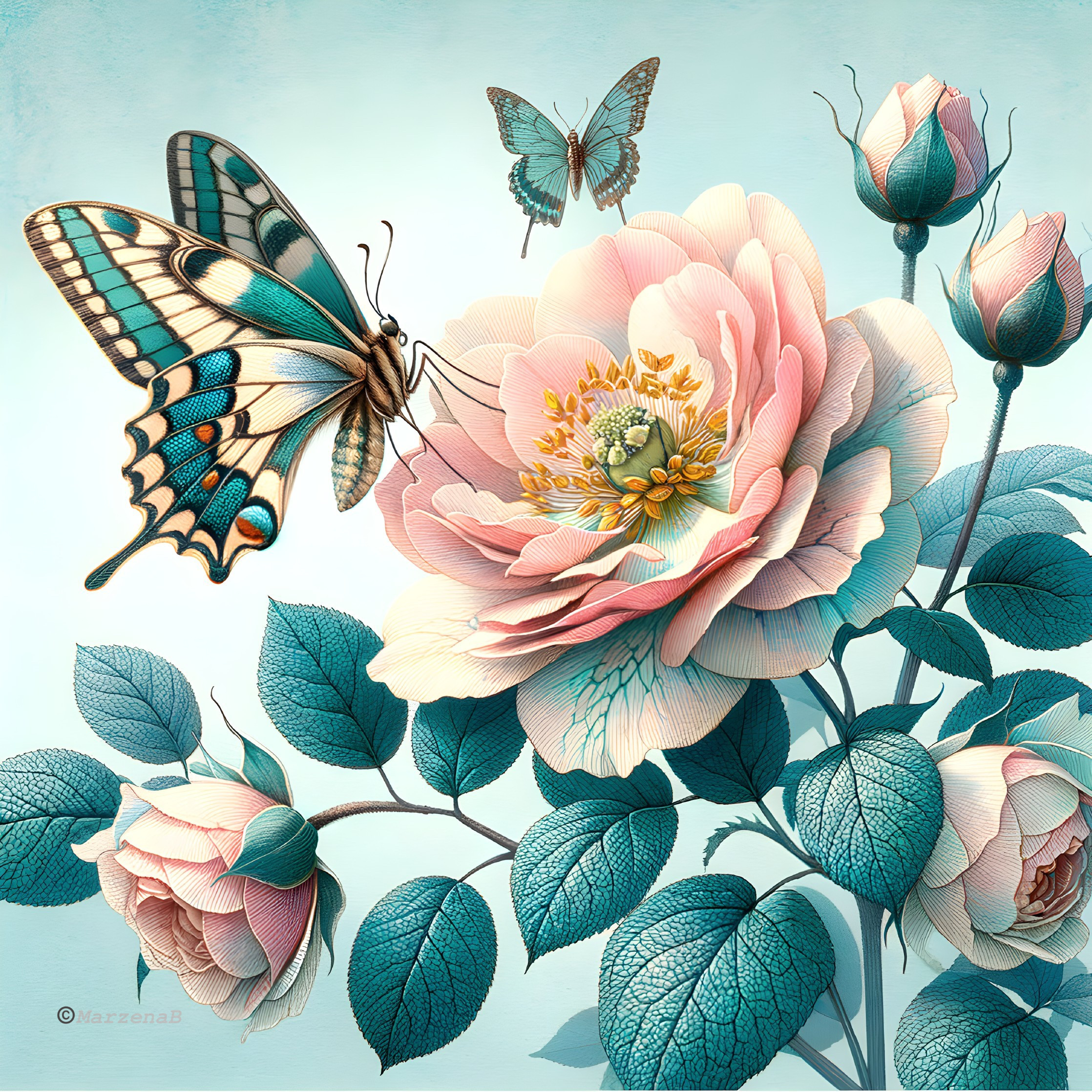 Butterfly Over Blooming Pink Rose Illustration