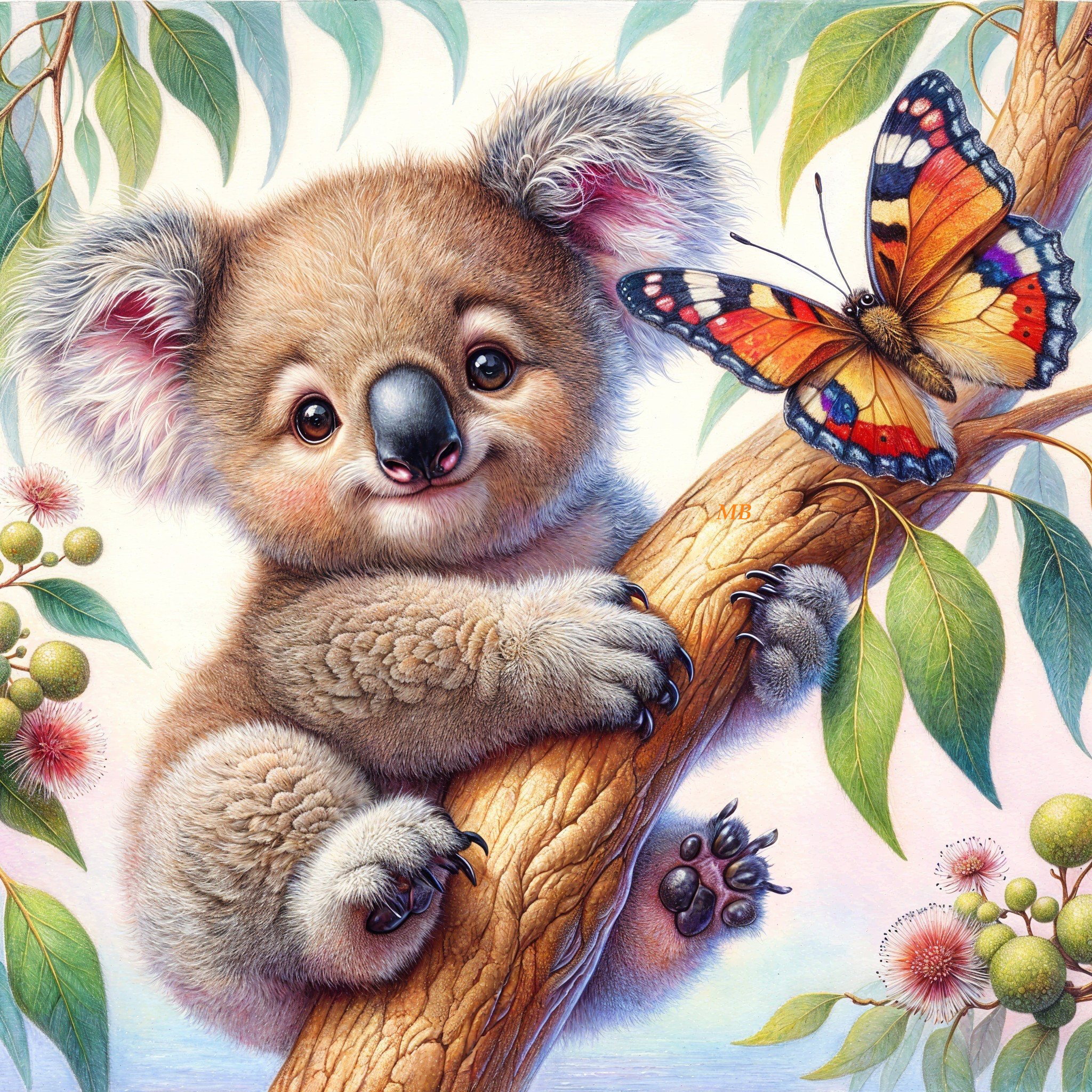 Koala on Tree Branch with Butterfly in Natural Setting