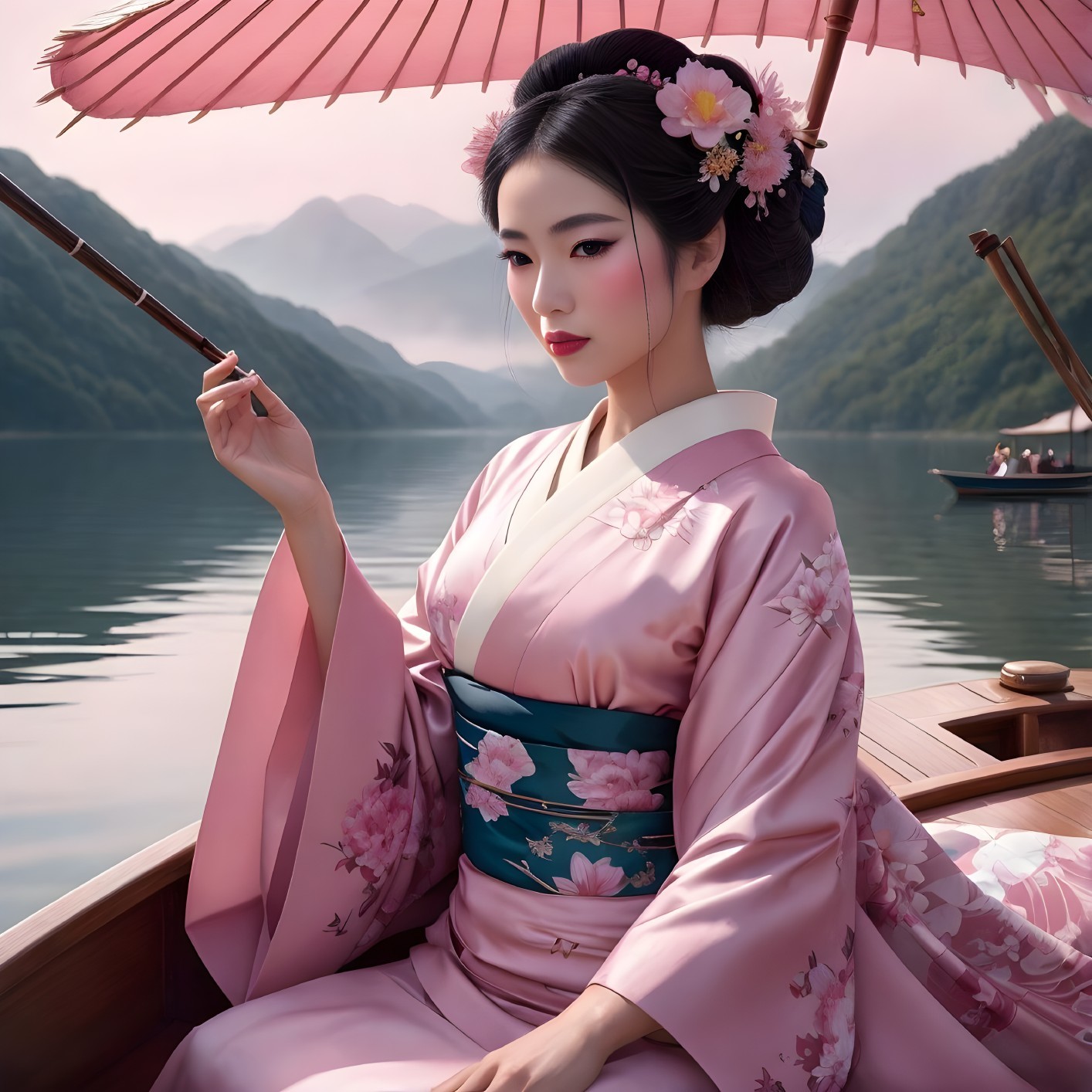 Woman in pink floral kimono under parasol on boat with serene mountain backdrop