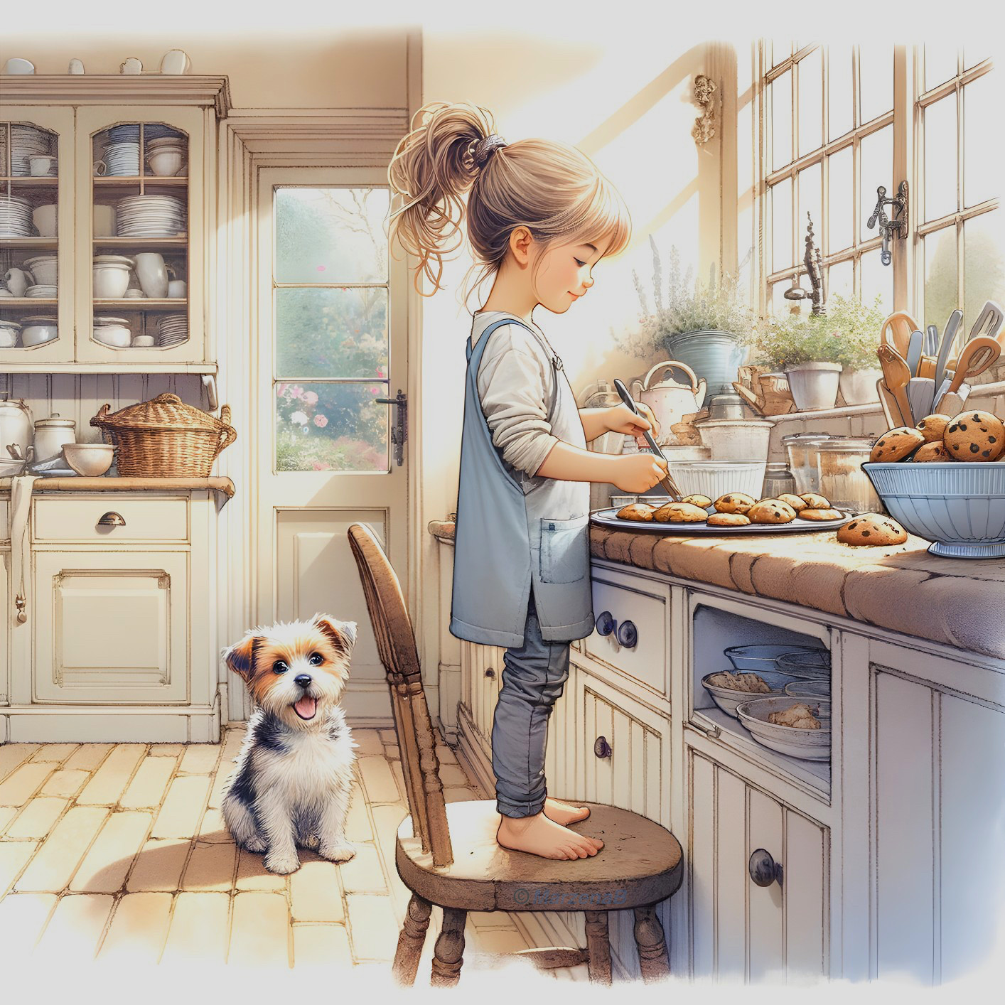 Young girl decorates cookies in a cozy kitchen