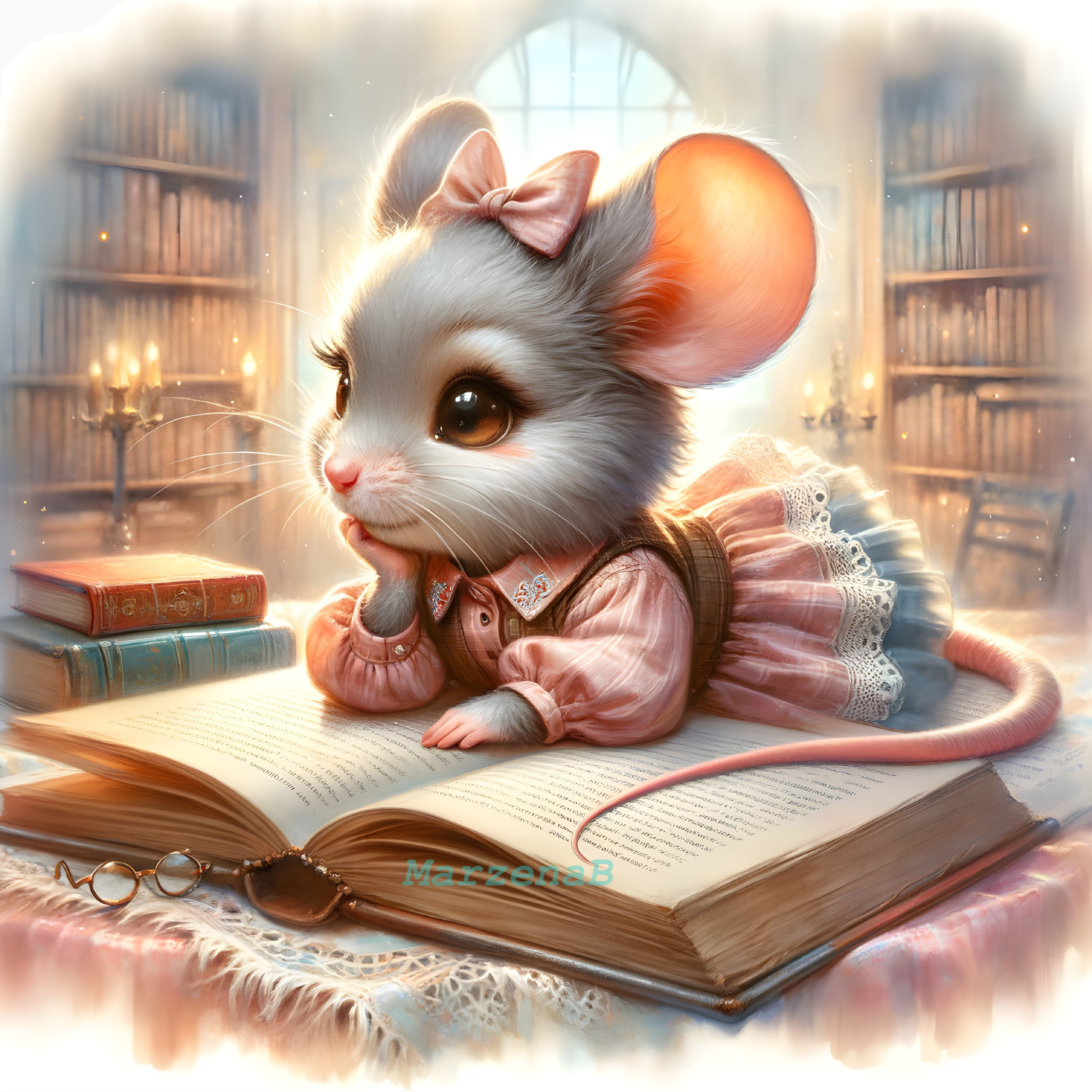 Charming Mouse in Cozy Library Setting with Books
