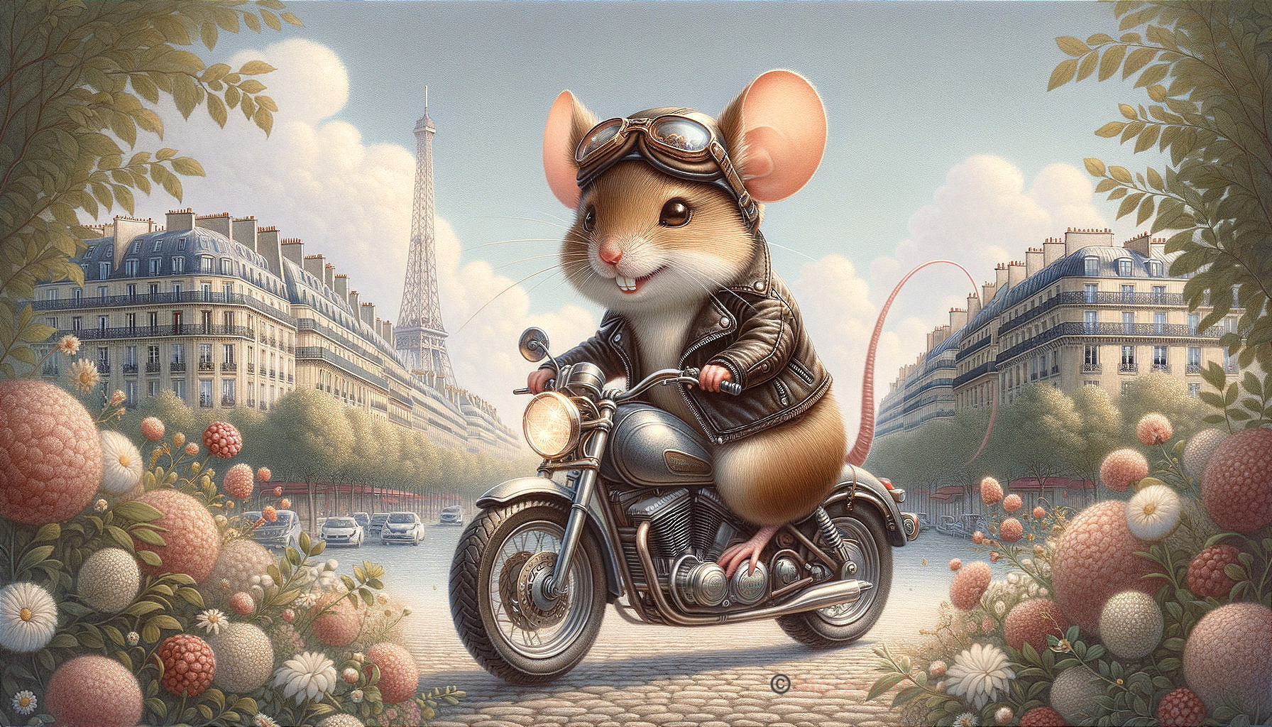 Cartoon Mouse Riding Motorcycle in Paris Scene