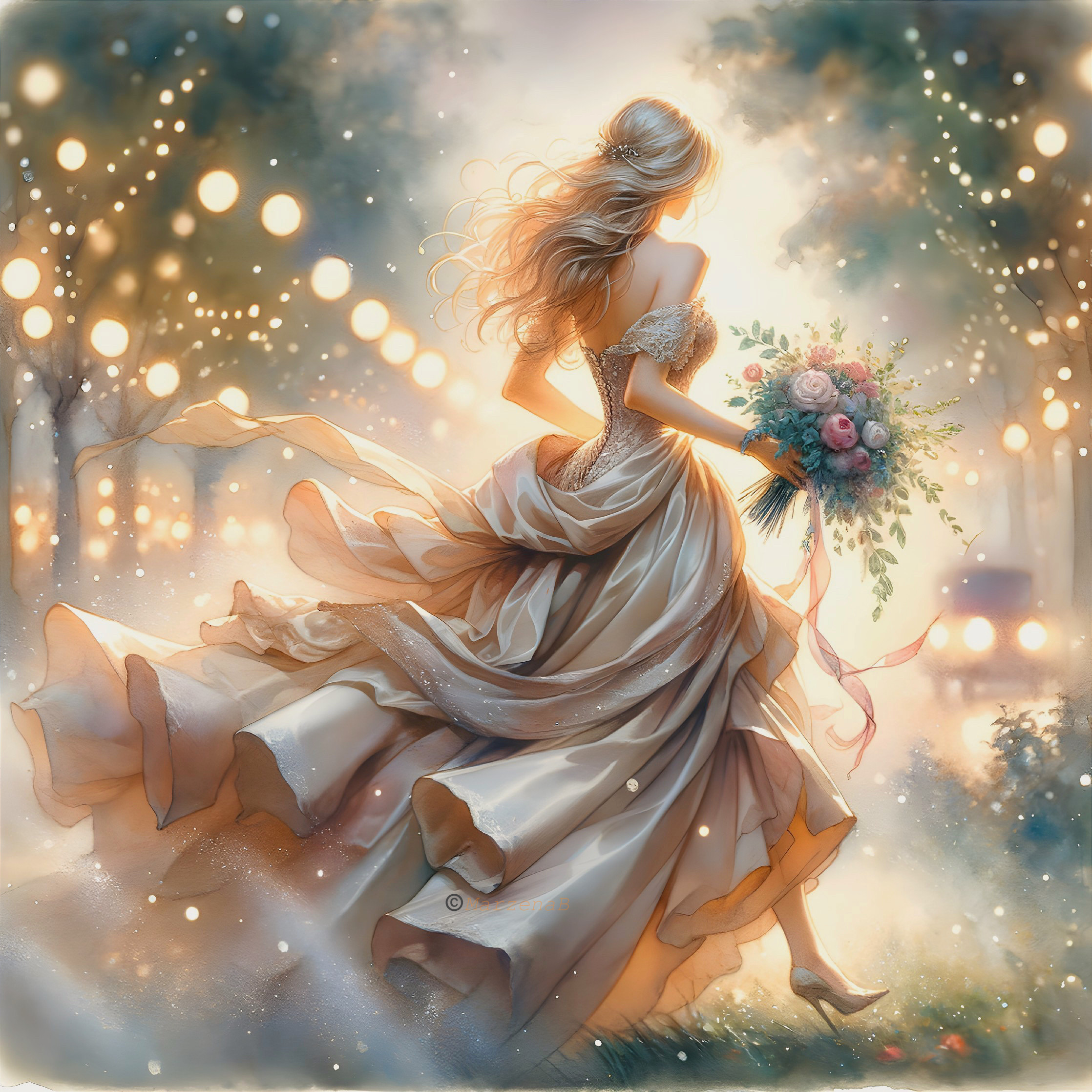 Elegant Bride in Flowing Gown with Vibrant Bouquet