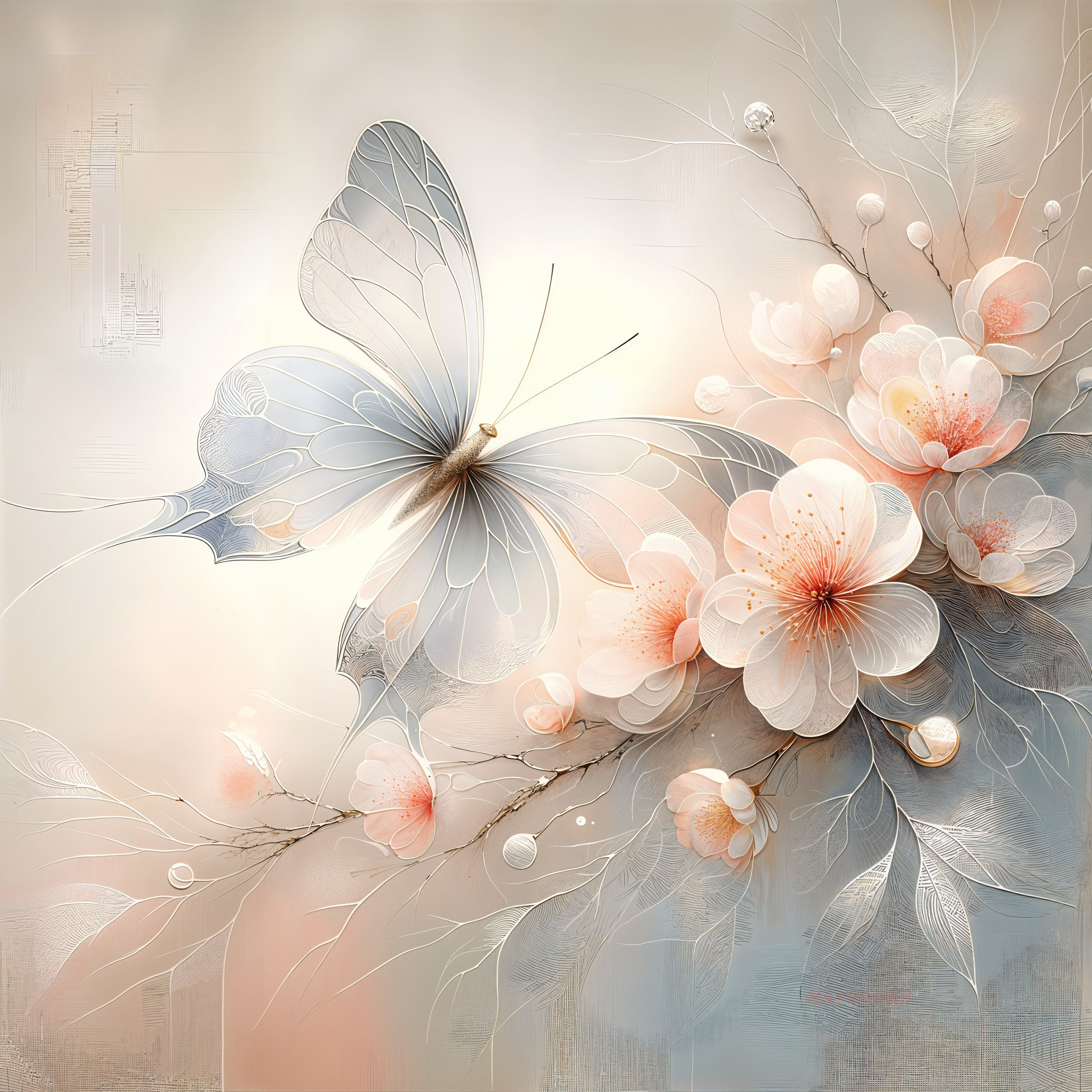 Ethereal Flowers and Butterfly in Soft Pastel Tones