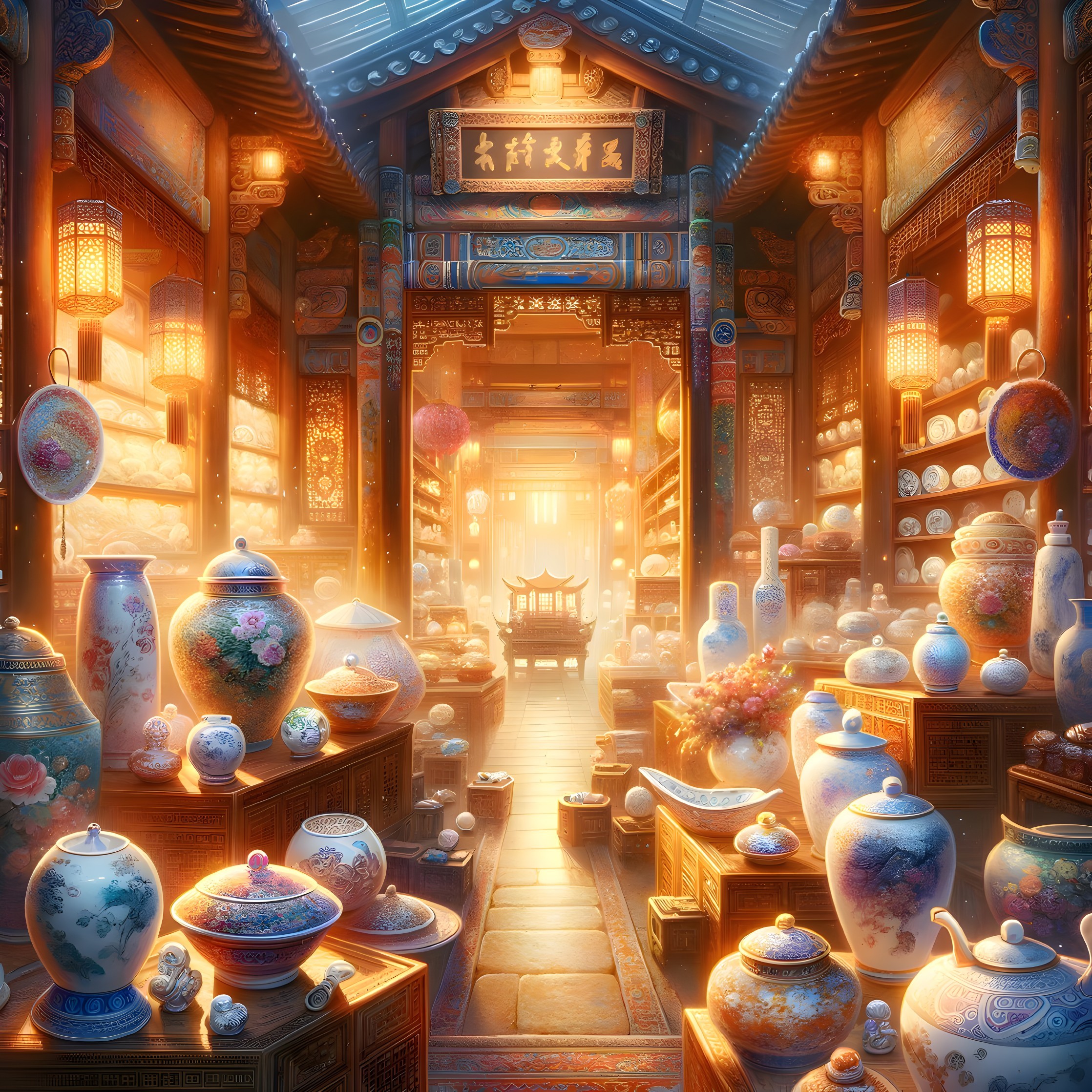 Detailed Chinese porcelain vases and pottery in warm, soft-lit indoor setting