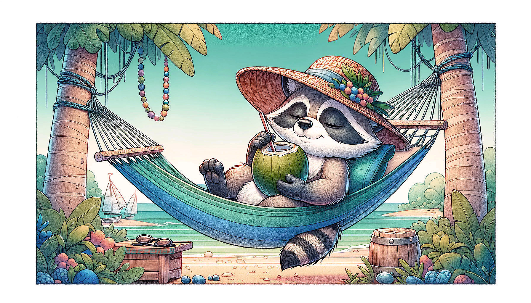 Raccoon in Hammock on Tropical Beach Scene