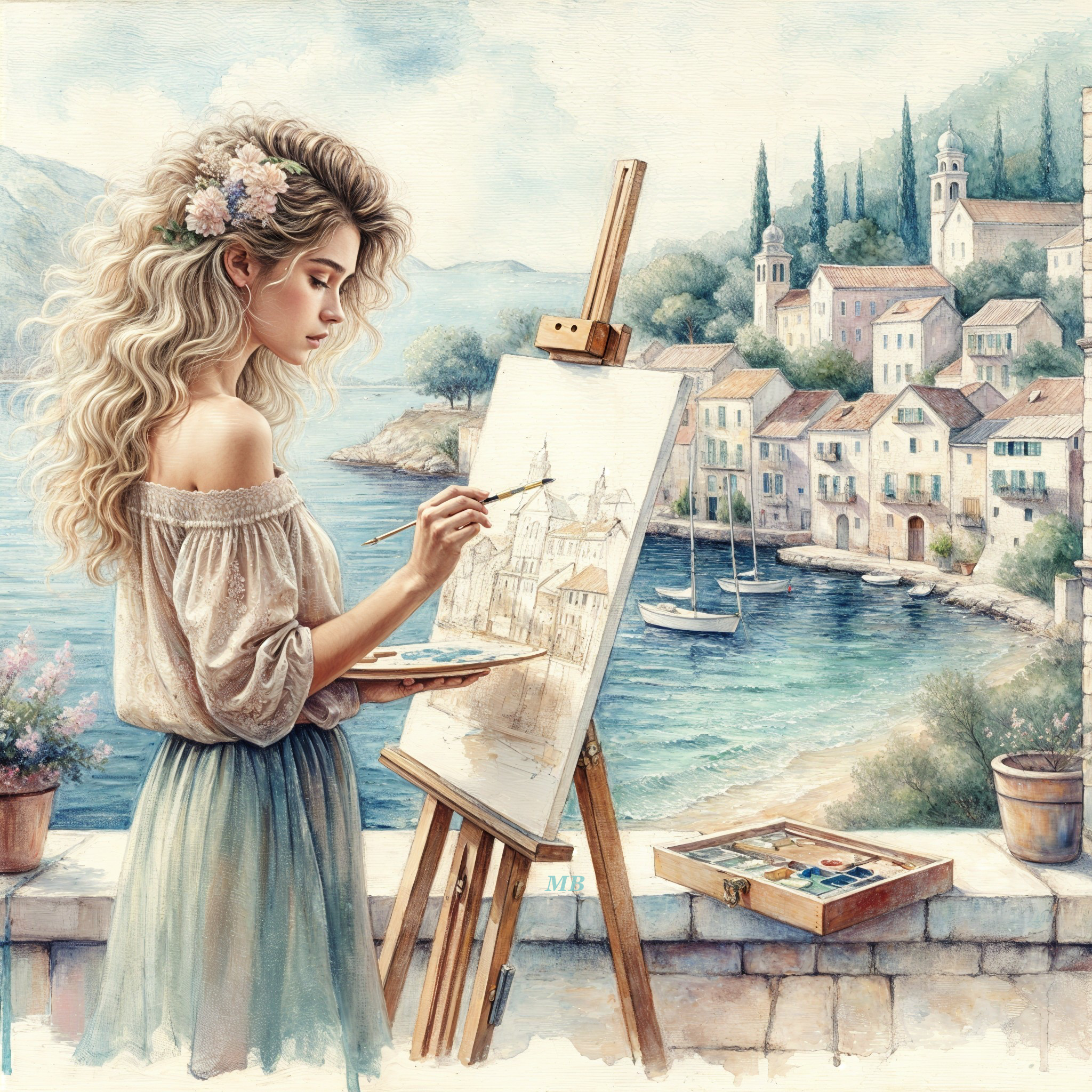 Young Artist Painting Serene Coastal Village Scene