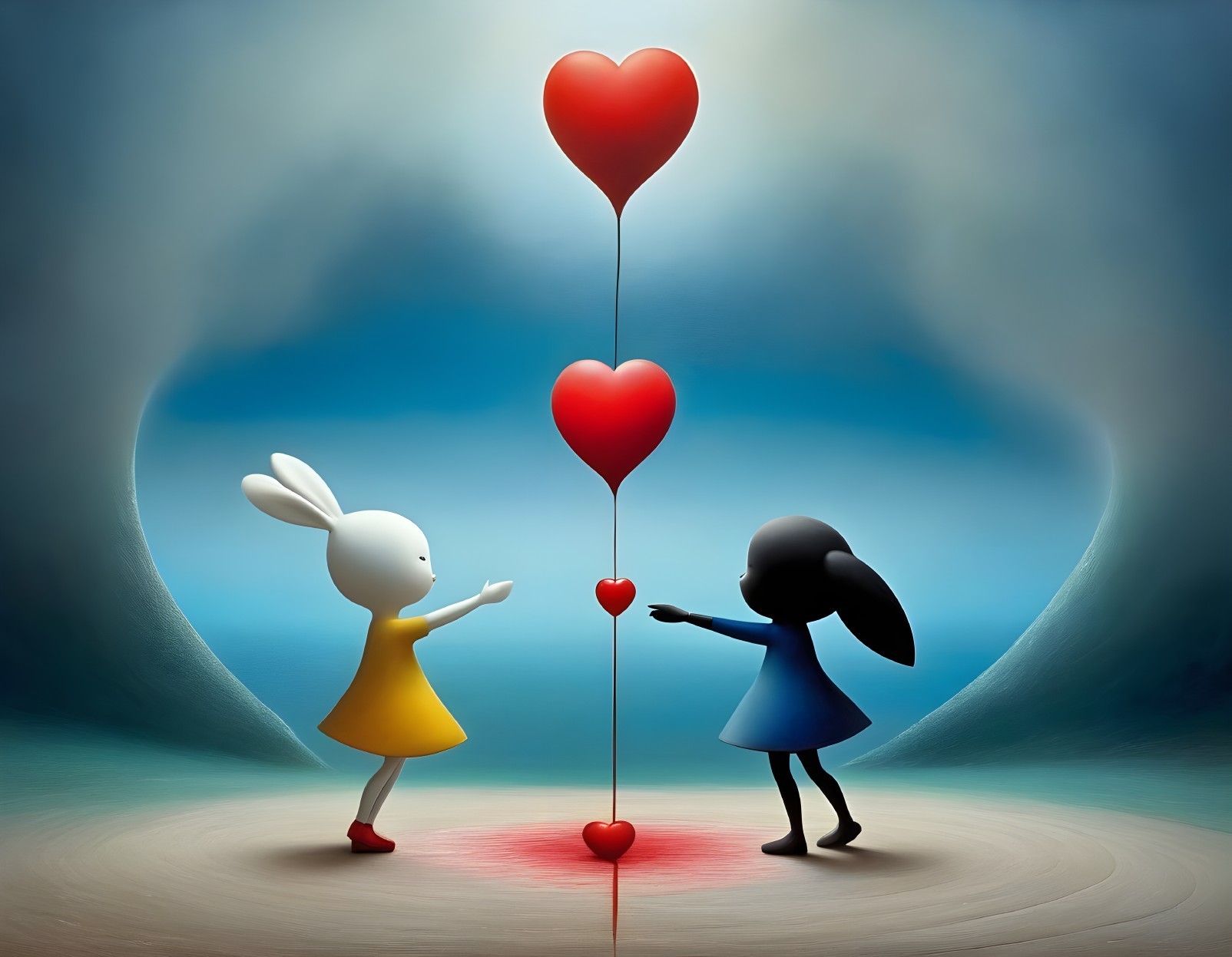 Stylized rabbit-like figures in yellow and blue reaching out to a heart on surreal background