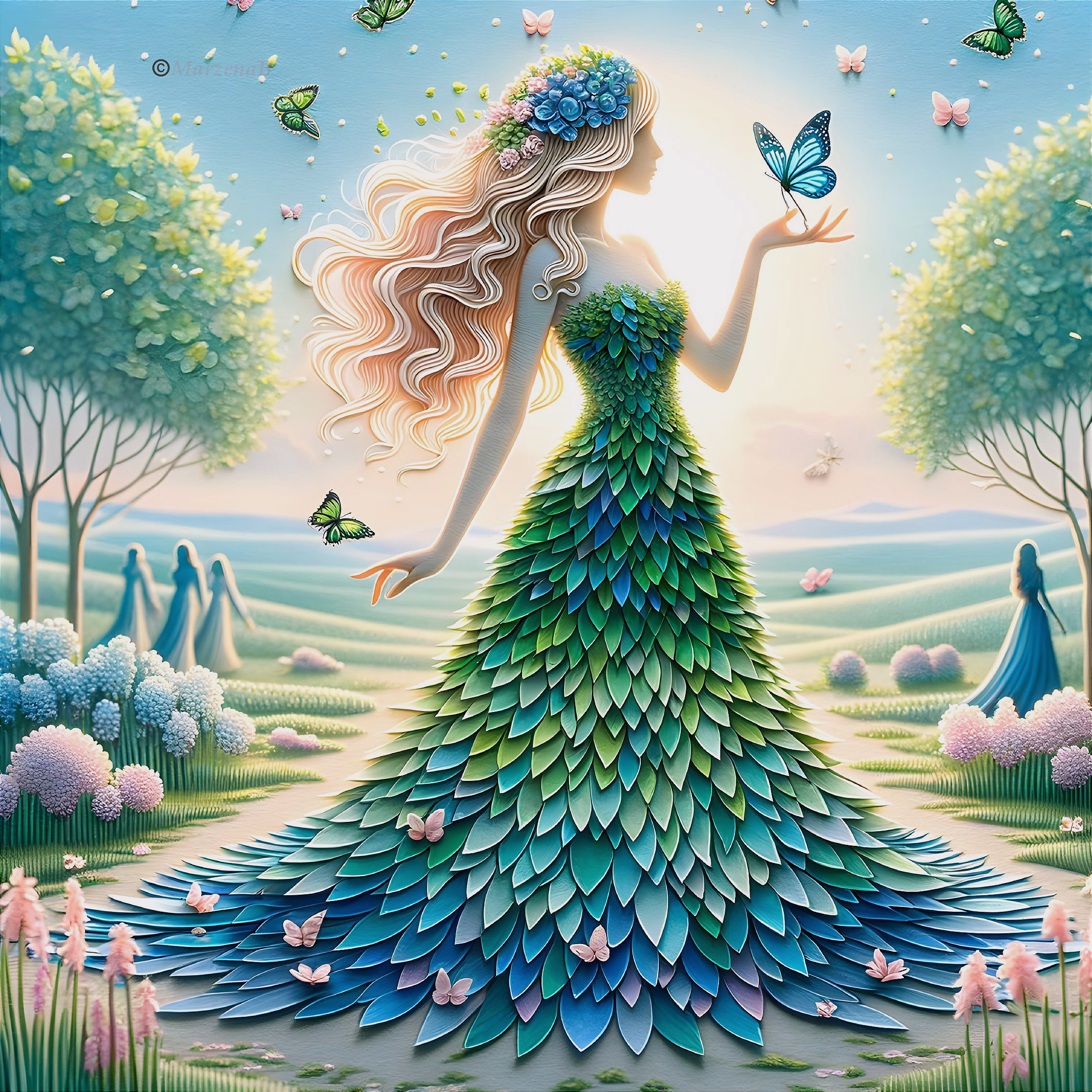 Whimsical Woman in Scaled Dress with Butterflies