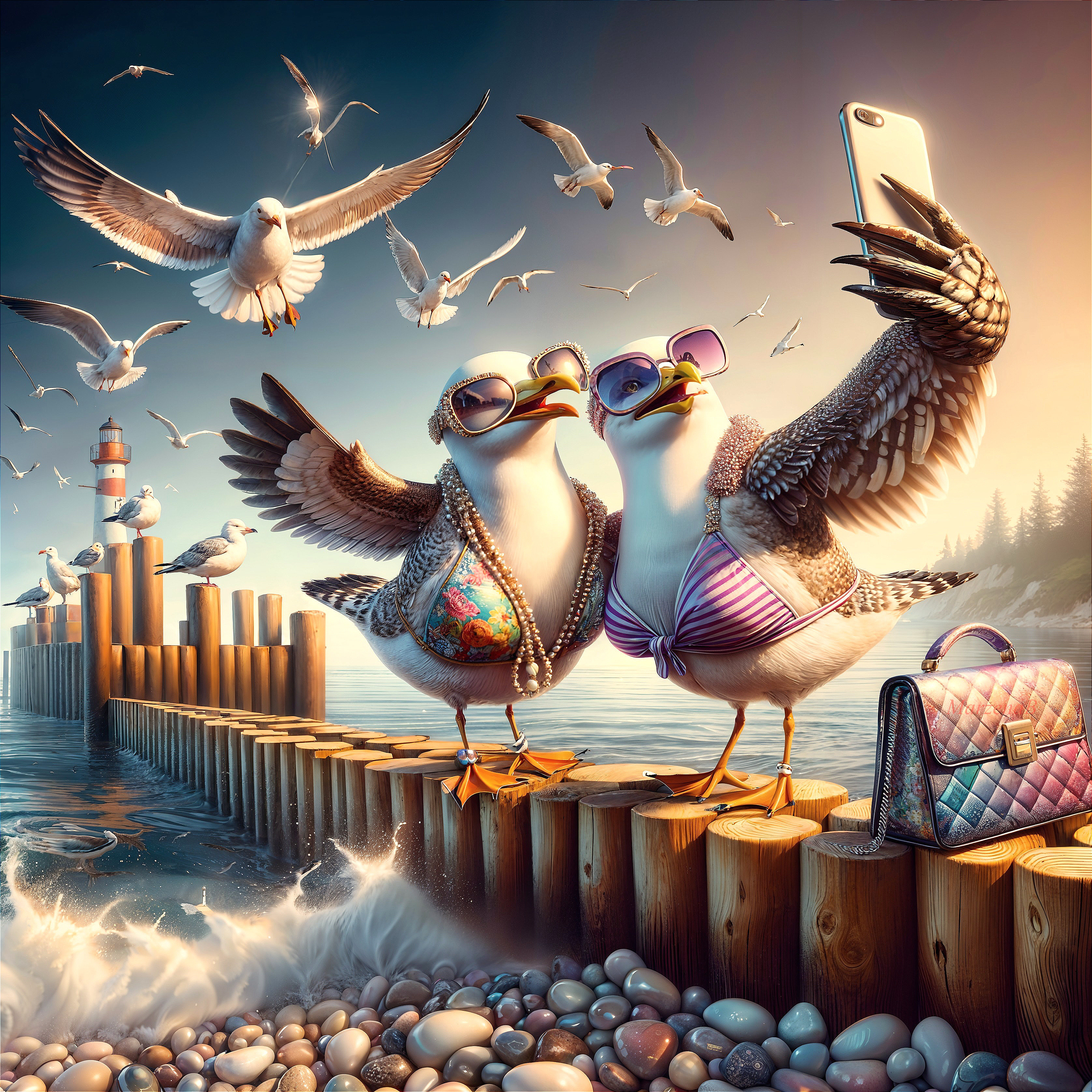 Seagulls in Sunglasses on a Scenic Coastal Pier