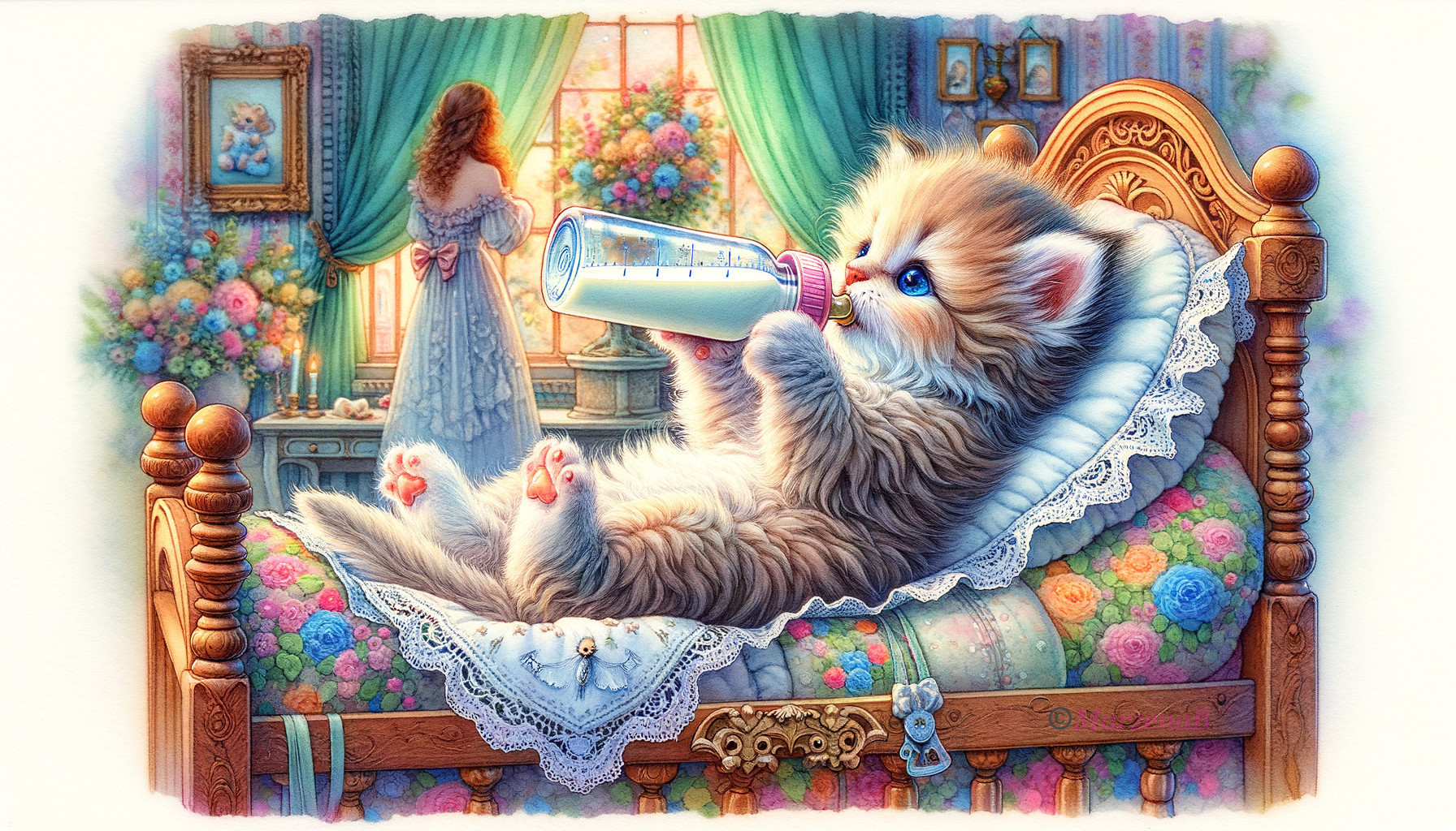 Fluffy Kitten in Adorned Crib with Serene Atmosphere